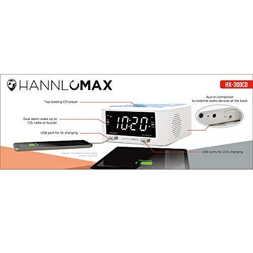HANNLOMAX HANNLOMAX HX-300CD Top Loading CD Player, PLL FM Radio, Digital Clock, 1.2\" White LED Display, Dual Alarms, Dual USB Ports for 2.1A and 1A Charging, AC/DC Adaptor Included (White_Blue)