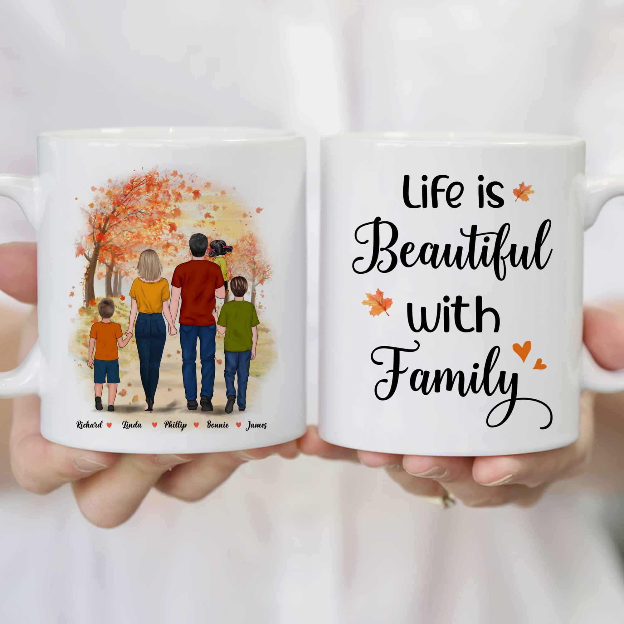 Gossby Gossby Personalized Family Mug - Life Is Better with Family (Parents - 3 Kids) V3-11oz, 15oz Fall Novelty Coffee Mug with Family Members, Names - Personalized Fall Gift for Whole Family