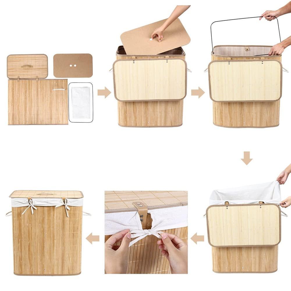 TAISK TAISK Large Capacity Bamboo Laundry Basket, Foldable Laundry Hamper Bin with Lid and Removable Cotton, Laundry Crate, Natural (13.8in*13.8in*19.7in)