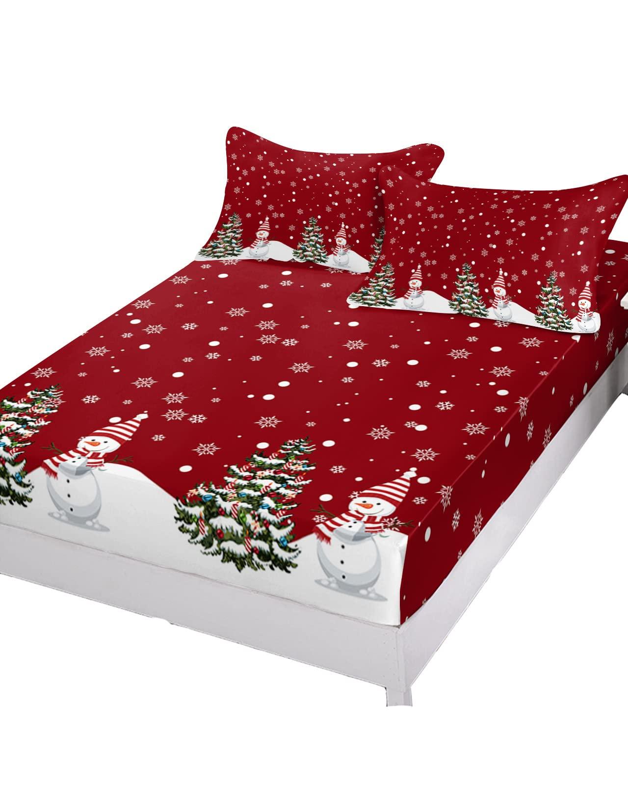 ZFUNCING Christmas Snowman on Snowy Season Fitted Bed Sheets Queen Size Fit 5-16inch Deep Pockets,Luxury Bottom Sheet Bedding Set with Pillow Case,Winter Whtie Snowflake on Red Fitted Sheet for Mattress
