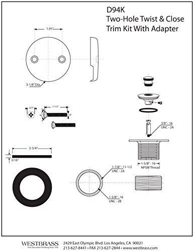 Westbrass Westbrass D94K-01 Twist & Close Bathtub Drain Stopper with 2-Hole Faceplate and Adapter Bushing, 1-Pack, Polished Brass