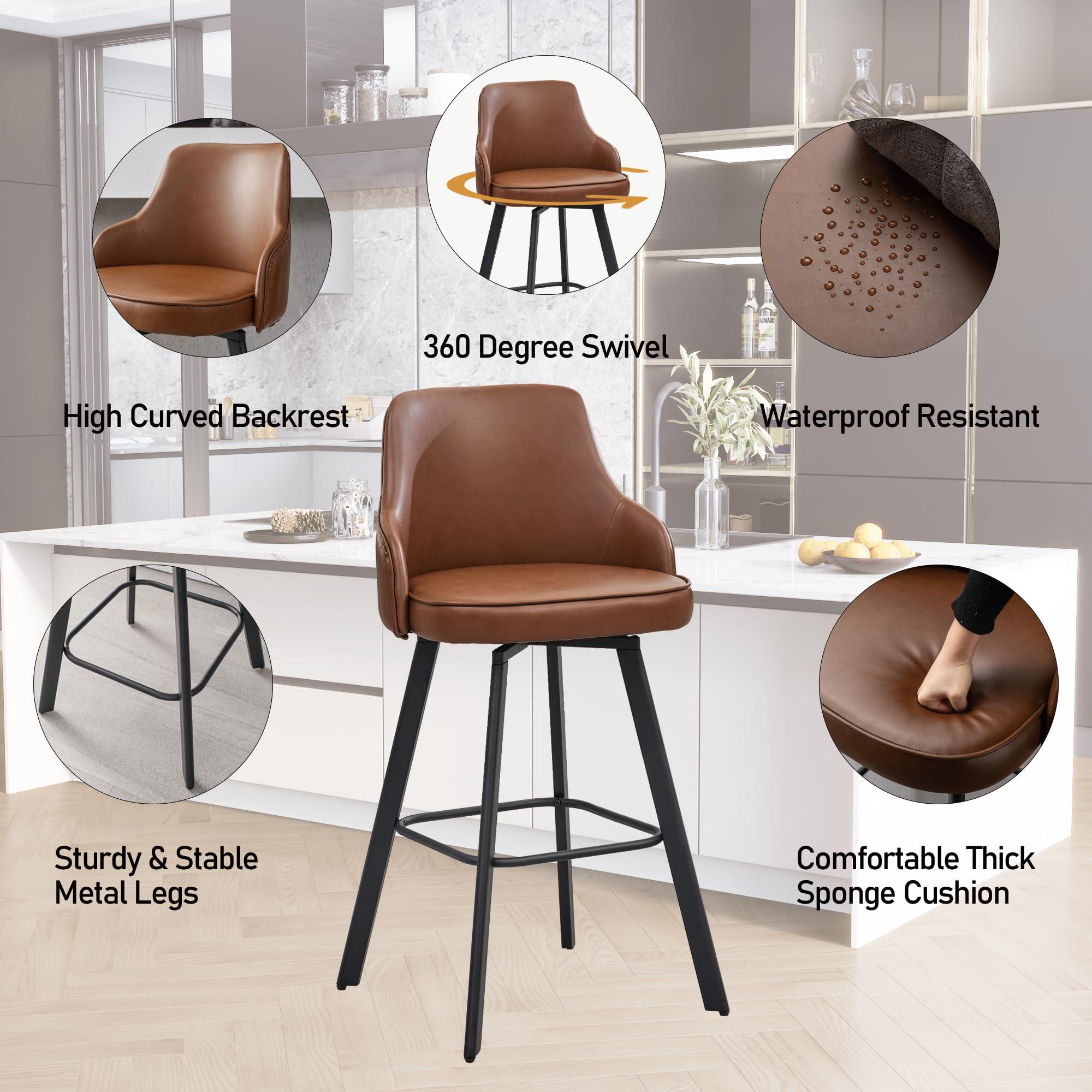 FIRAVOE FIRAVOE Bar Stools Set of 3, 30\" Swivel Bar Height Bar Stools with High Back, Faux Leather Kitchen Barstools Bar Height for Kitchen Island (Dark Brown, 3PCS 30\" Bar Stools)