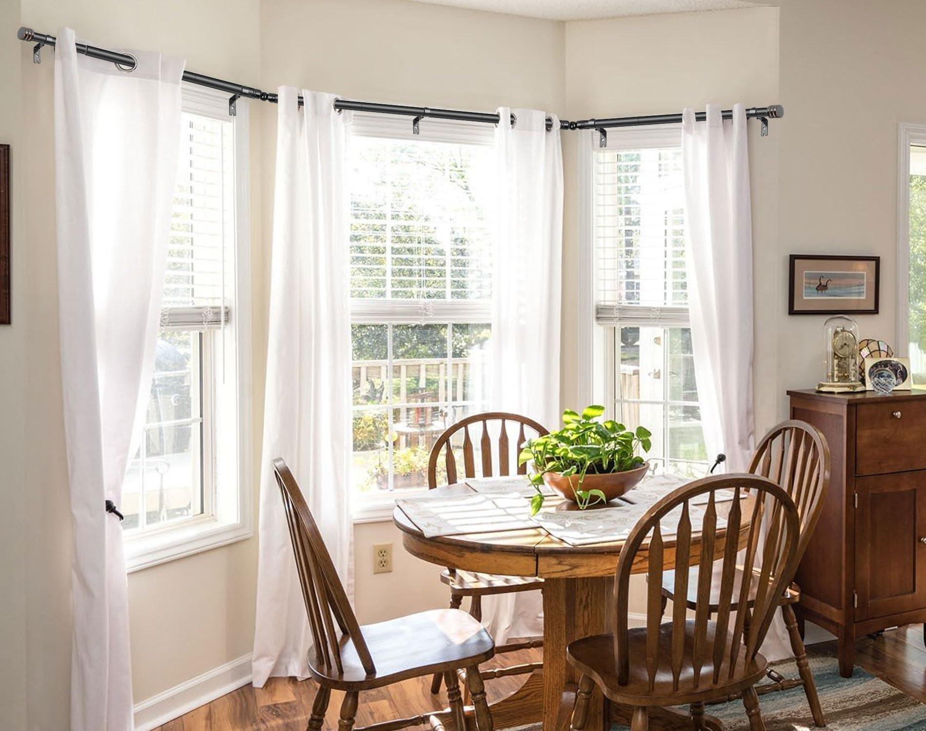 HOTOZON Bay Window Curtain Rods, HOTOZON 7/8 Inch Heavy Duty Curtain Rods for Bay Windows 48-84 Inch(Center Rod), 32-58 Inch Side Rods for Windows, Black, Decorative Drapery Rods with End Cap Finials