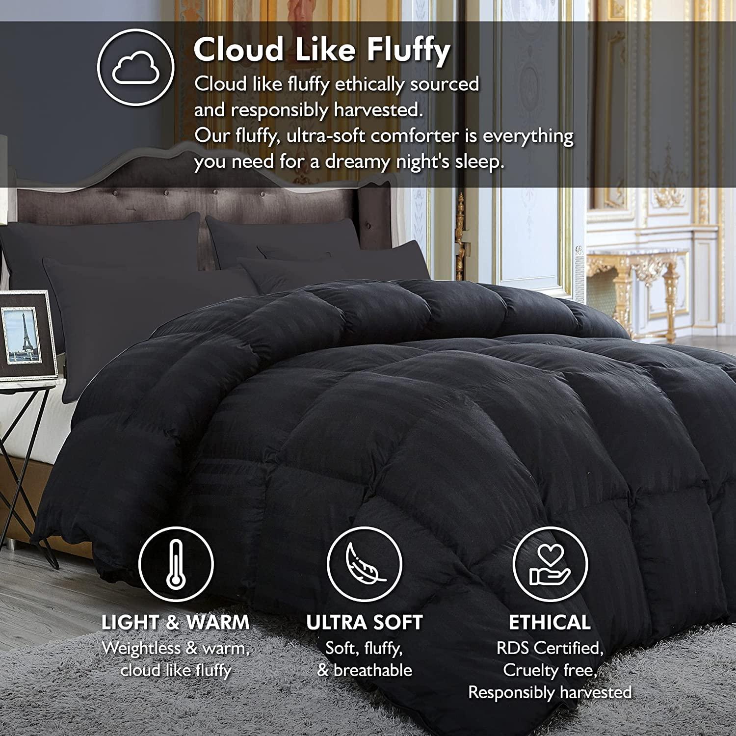 EGYPTIAN BEDDING Luxurious Queen Size Goose Down Feather Fiber Comforter Duvet Insert, Ultra-Soft 100% Egyptian Cotton Cover, 60 oz. Fill Weight, All-Season Black Stripe Comforter