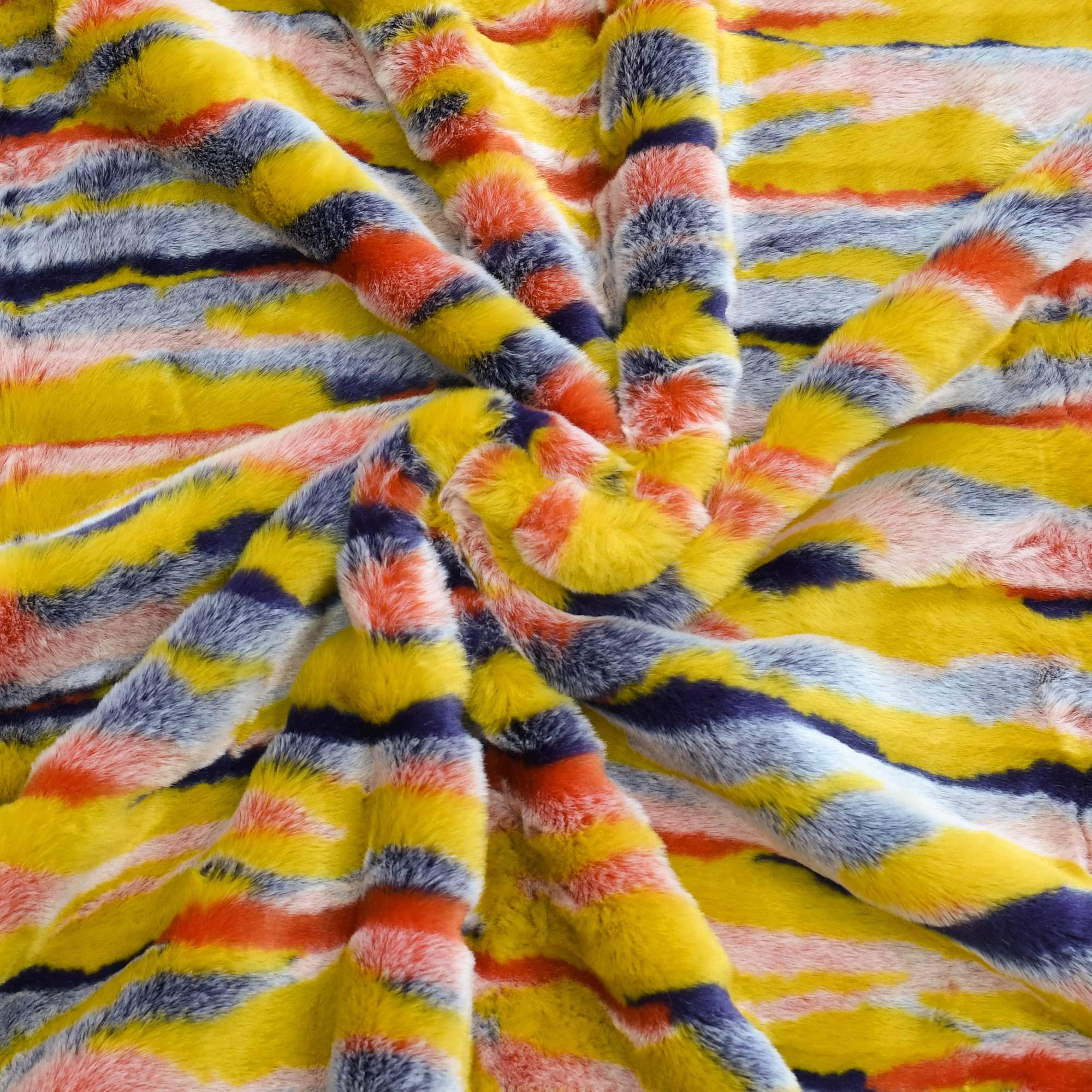 BYTIDE BYTIDE Multi Jacquard Tribal Style Rabbit Faux Fur Plush Throw Blankets with Micromink Back, Soft Warm Cozy Fluffy Fuzzy Luxury Throw for Couch Sofa Chair Bed Cover, 50\" x 60\", Orange Multi