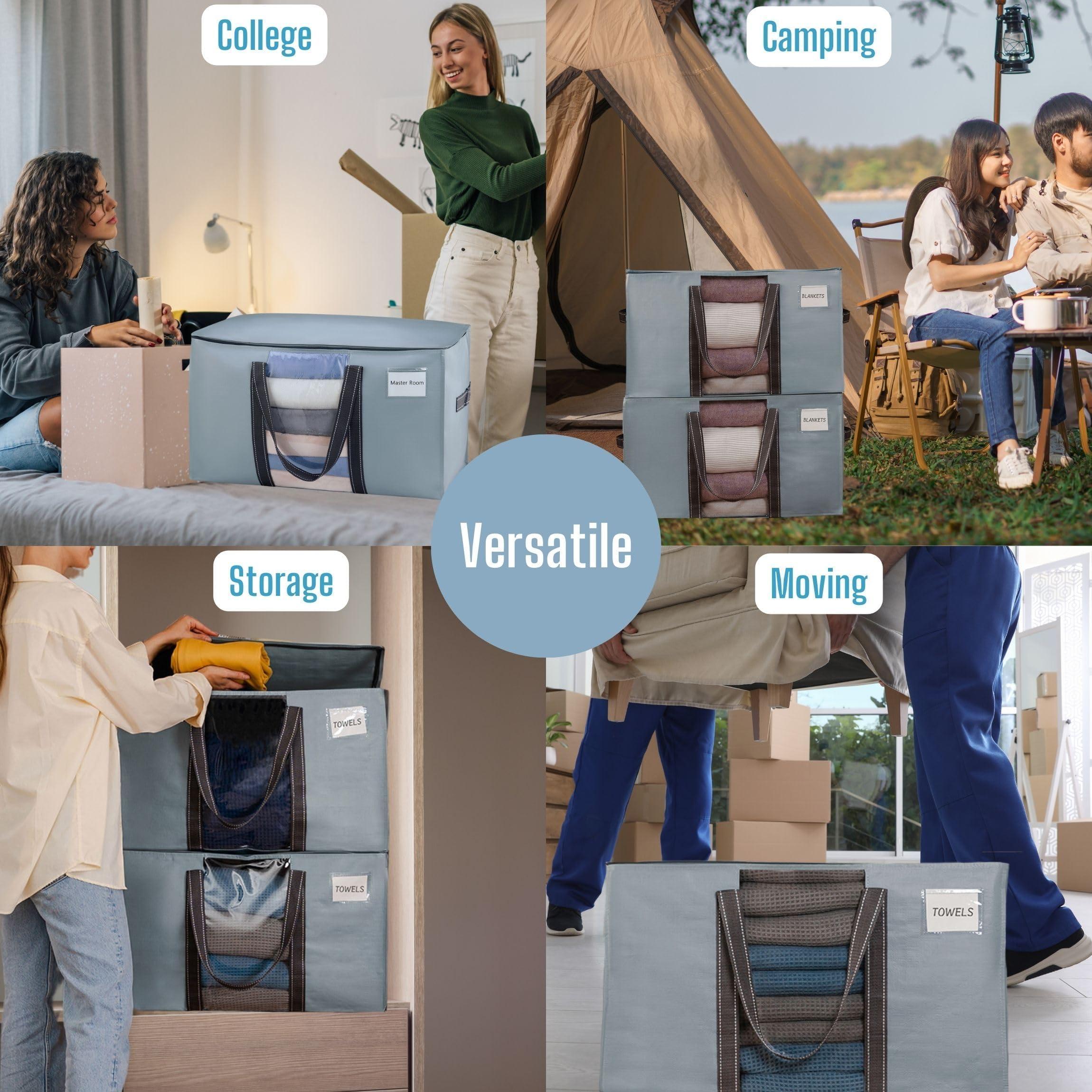 VENO VENO 4 Pack Moving Bags, Moving Supplies, Moving Boxes, College Packing Storage Boxes with Lids Alternative, Heavy Duty Totes, Extra Large, Sturdy Handles, Zipper (Light Blue with Window, 4 Pack)