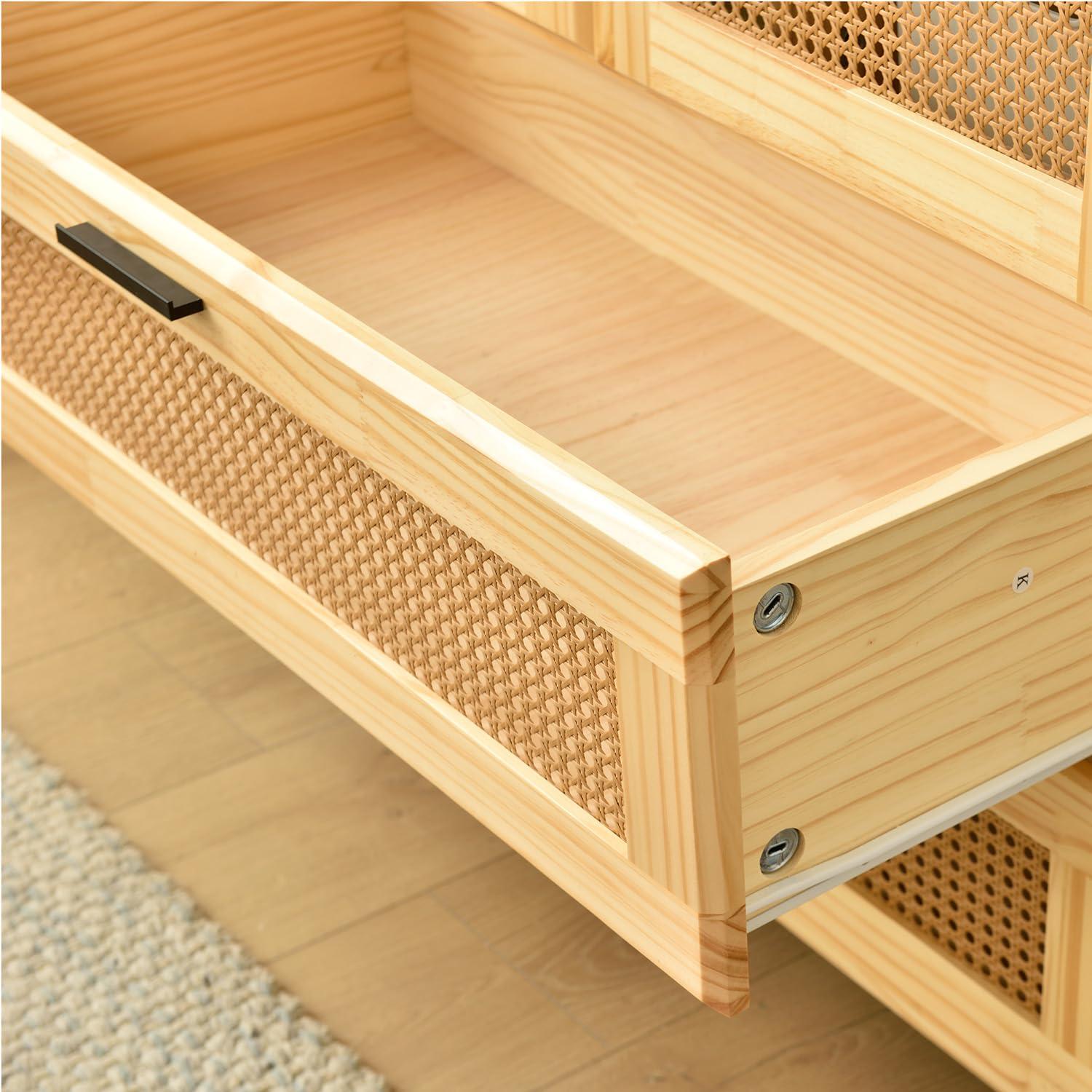 Woodpeckers Furniture And Mattress Pine Wood Closet with Rattan Doors and Two Drawers (Natural)