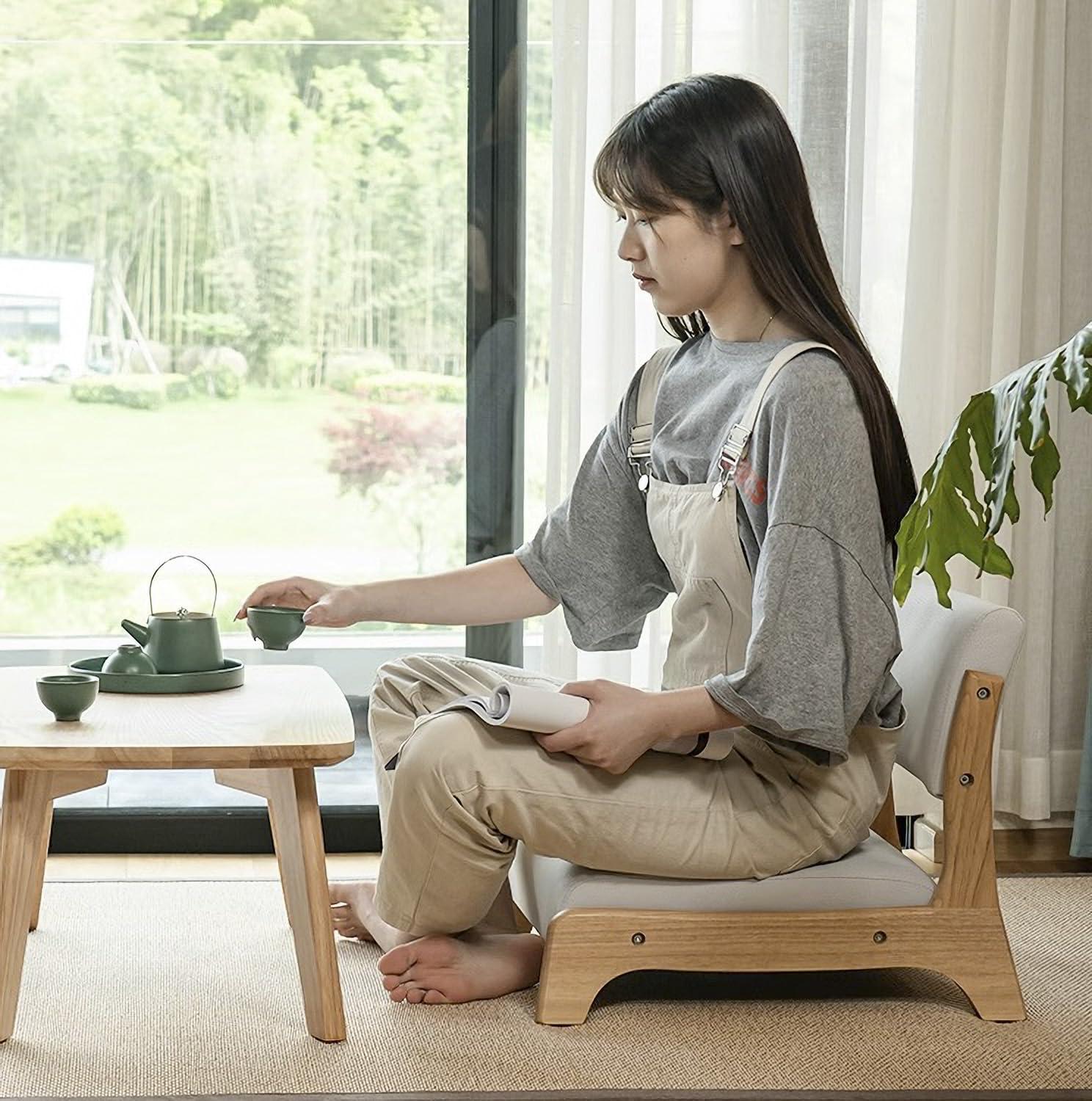 LiViWAY Damedai Japanese Floor Chair Tatami Zaisu Legless Chair Back Support Great for Reading Meditating Living Room Balcony (Grey with Fabric)