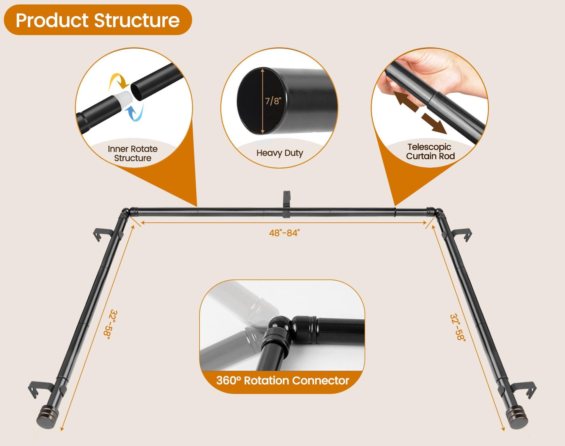 HOTOZON Bay Window Curtain Rods, HOTOZON 7/8 Inch Heavy Duty Curtain Rods for Bay Windows 48-84 Inch(Center Rod), 32-58 Inch Side Rods for Windows, Black, Decorative Drapery Rods with End Cap Finials