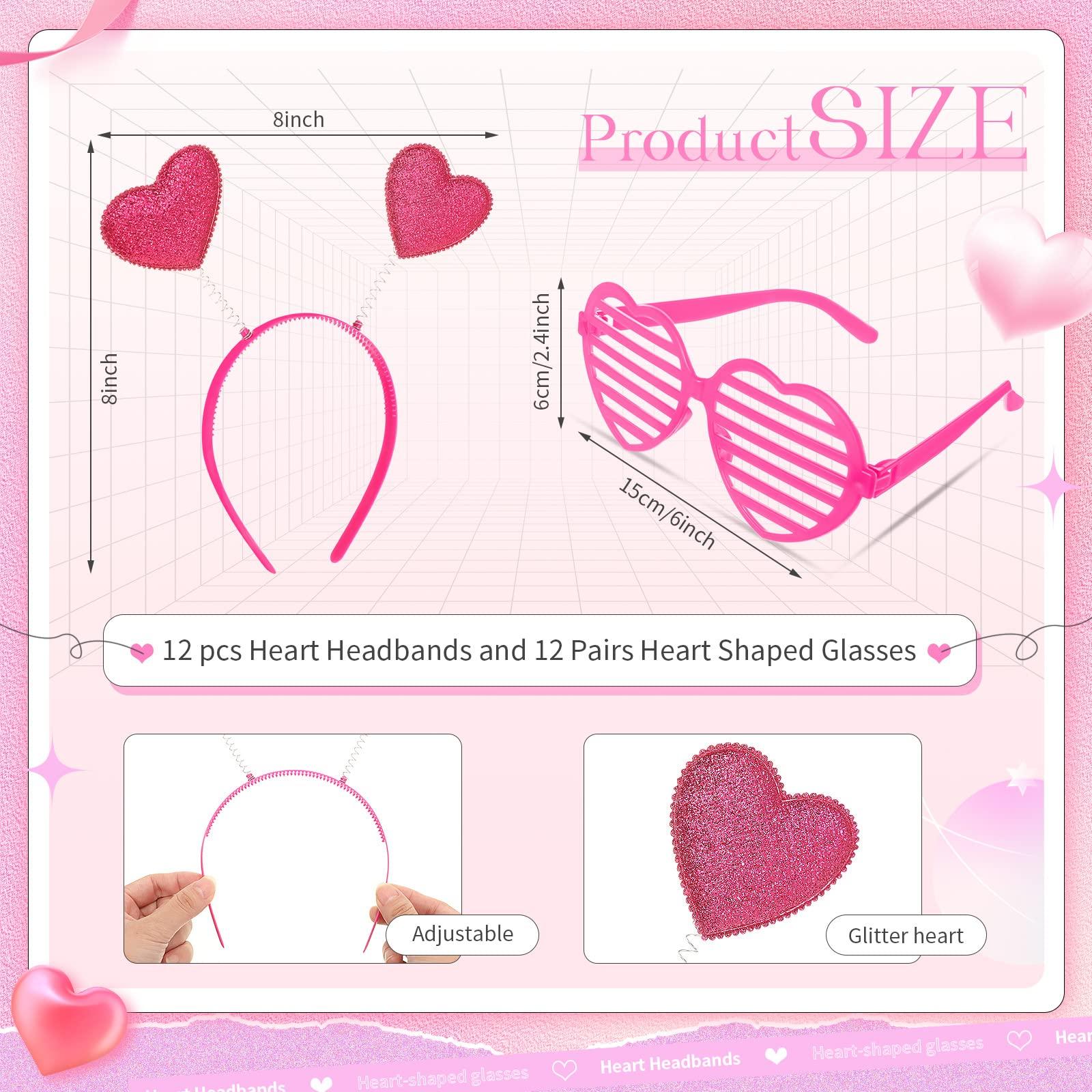 MTLEE MTLEE 24 Pcs Valentines Heart Head Boppers Headbands and Heart Shape Sunglasses Valentines Party Supplies Wedding Photo Prop (Hollow Rose Red)