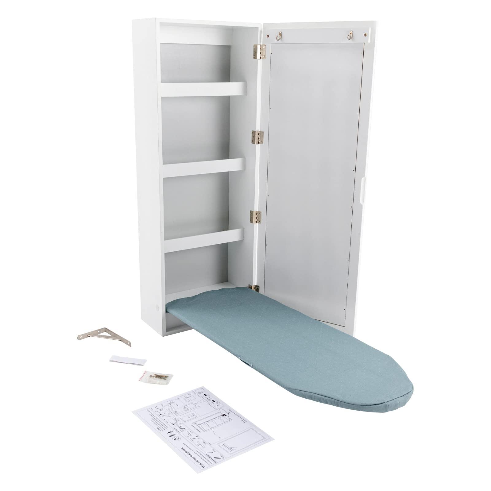 Gdrasuya10 Ironing Board Cabinet for Wall Wall Mounted Ironing Storage Cabinet Foldable Hanging Ironing Board Large Hide Ironing Board Cabinet with Mirror Cloth Hook for Home, White