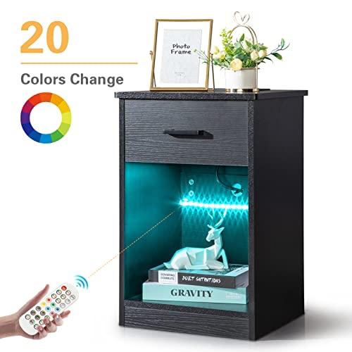 ACLULION ACLULION LED Nightstand with Charging Station, Wireless Nightstand with USB Ports, Smart Bedside Table with 1 Drawers, White End Table with Remote Contro 20 Color LED Lights (Black)