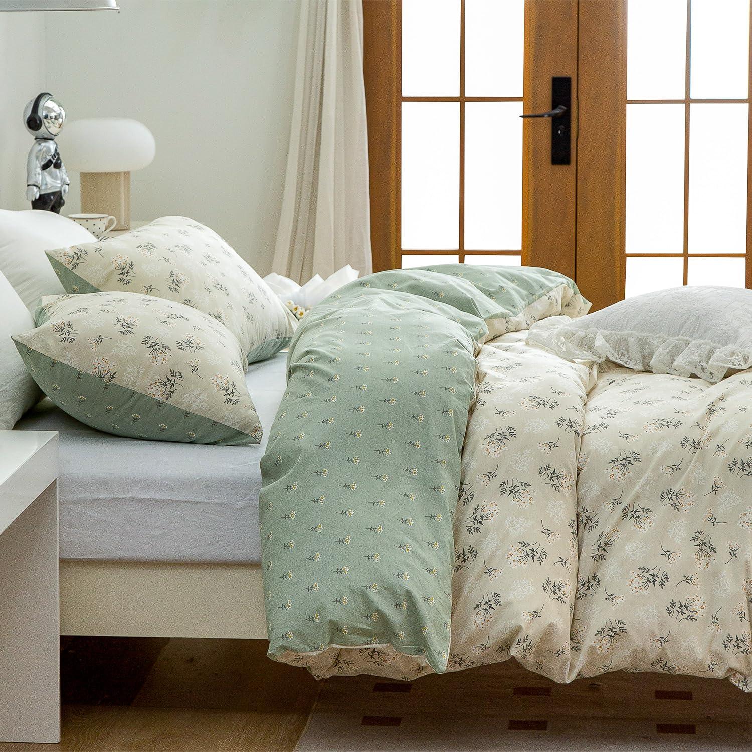 Jane yre Duvet Cover Twin Floral, 100% Cotton 3 Pieces Floral Bedding Set Twin, Garden Style Green Flower Pattern Floral Duvet Cover Twin, with Zipper Closure, Luxury Soft Breathable Comfy (Floral, Twin)