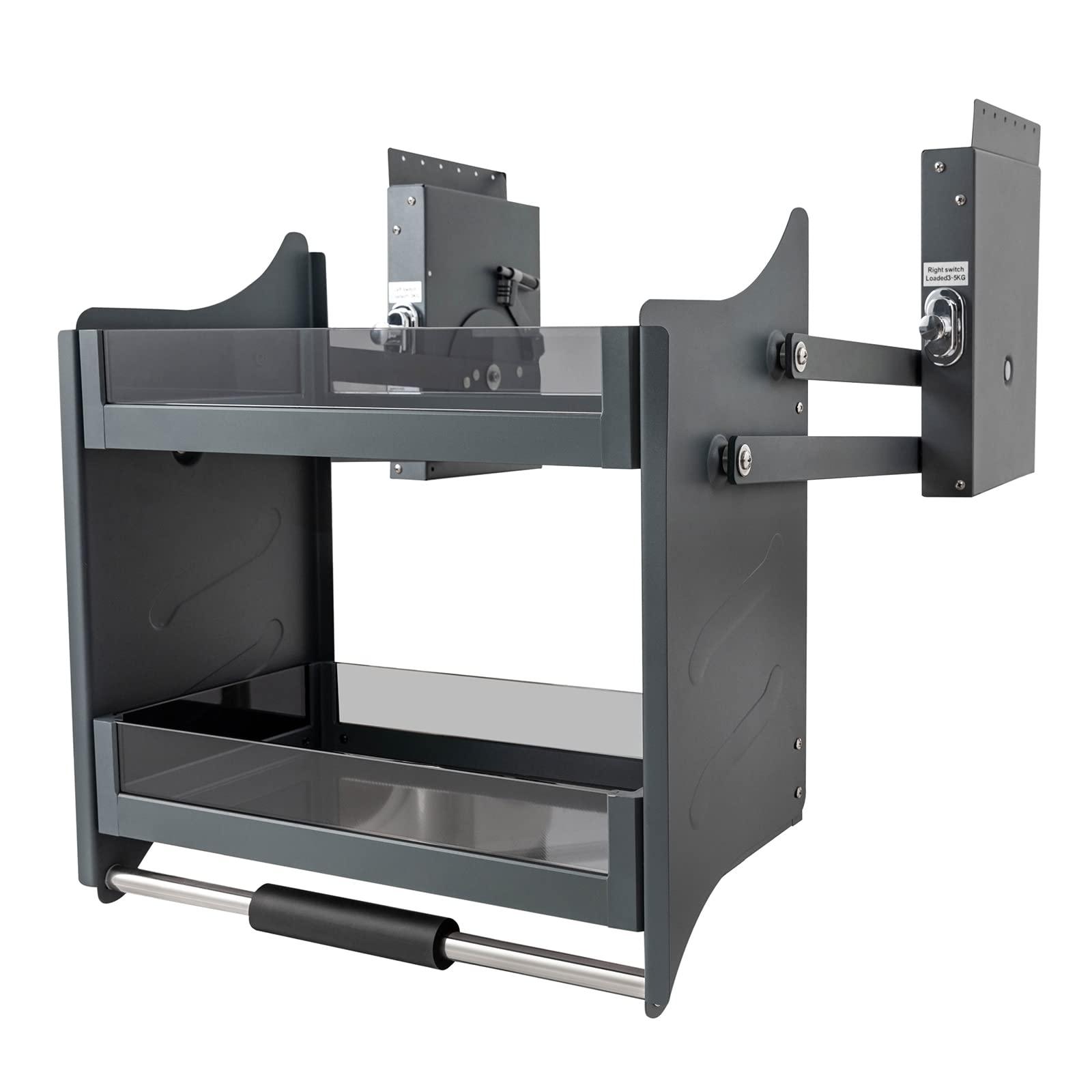 SanBouSi 2-Tier Pull Down Kitchen Cabinet Organizer, Heavy Duty Drop Down Shelf Blind Pull-Down Dish and Spice Rack System Inner Space Saving High Cabinet Pull Down Shelf for Kitchen Base Cabinet Organization