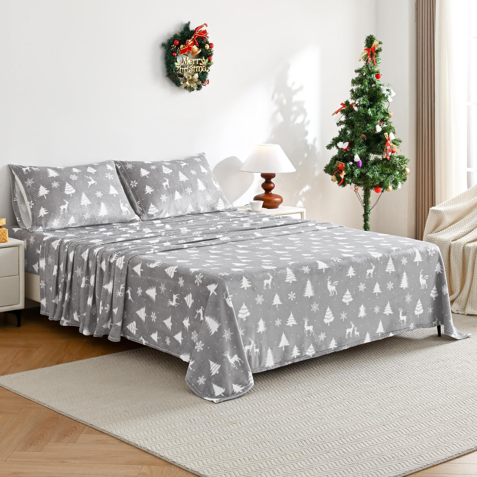 Softan Softan Full Micro Fleece Sheets Set, Christmas Full Size Bed Sheet Set, Plush Velvet Fleece Sheet Set with 15" Deep Pocket Fitted Sheet, Flat Sheet, 2 Pillowcase, Soft and Warm, Deer Print Grey