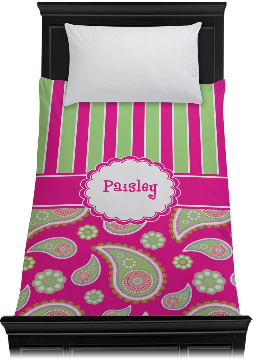 RNK Shops RNK Shops Personalized Pink & Green Paisley and Stripes Duvet Cover - Full/Queen