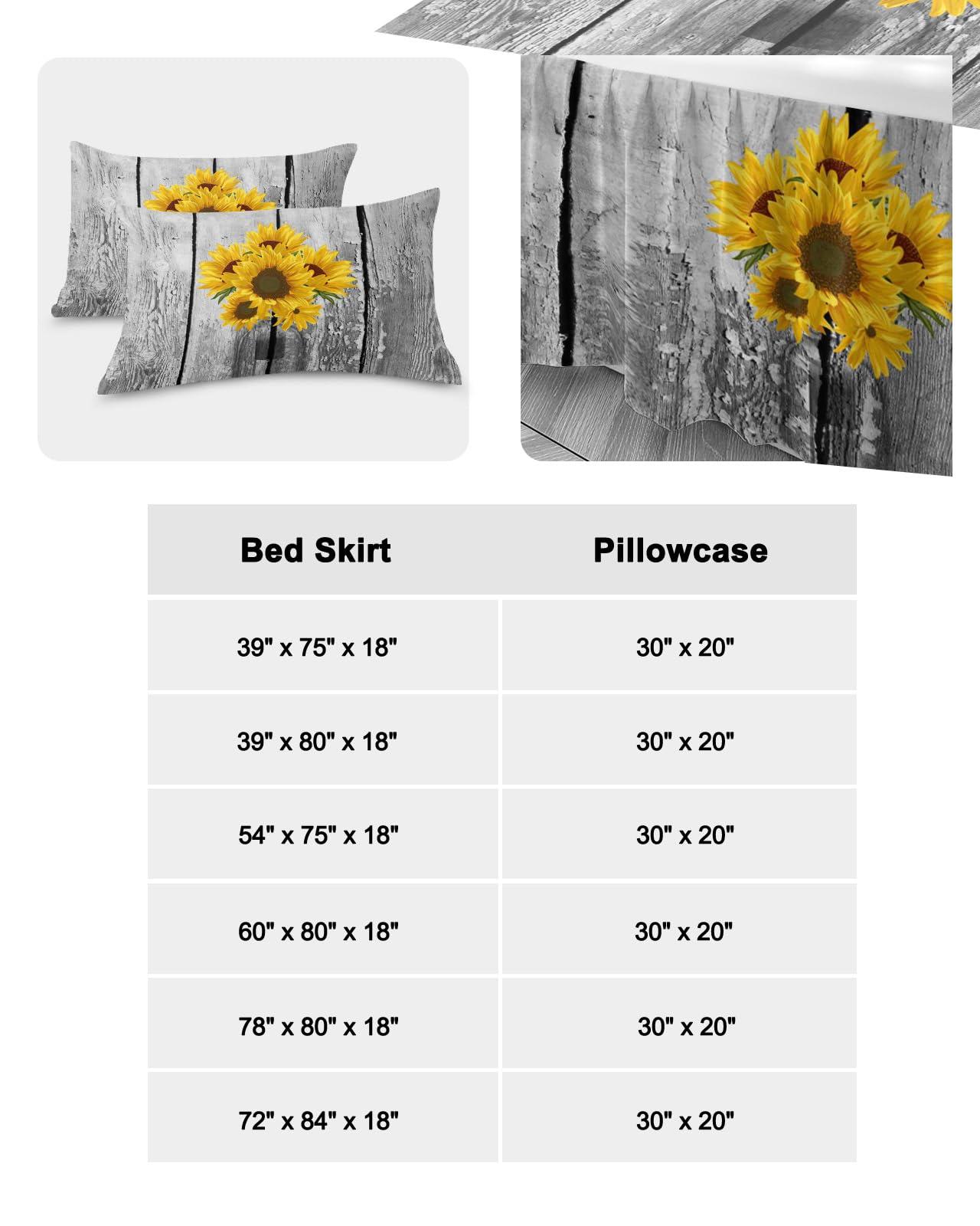 Yukro Ruffled Bed Skirt King Size with 18 Drop, Sunflower Bottle Retro Wood Grain Wrap Around Bed Skirt with 2 Pillow Sham, Easy Fit Fade Resistant Dust Ruffle Decorative Bed Skirt