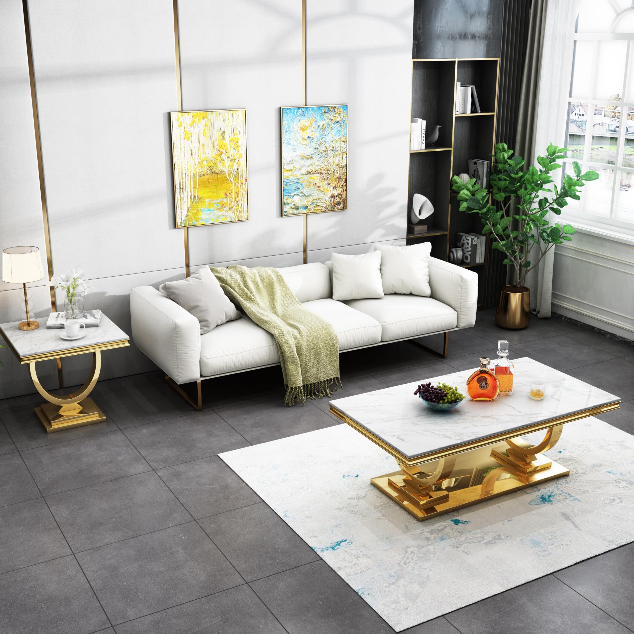 SSLine Marble Coffee Table Set of 2,2 Piece Coffee Table Sets for Living Room,Faux Marble Coffee Table and End Table with Wood Tabletop and Stainless Steel Frame (Gold2)