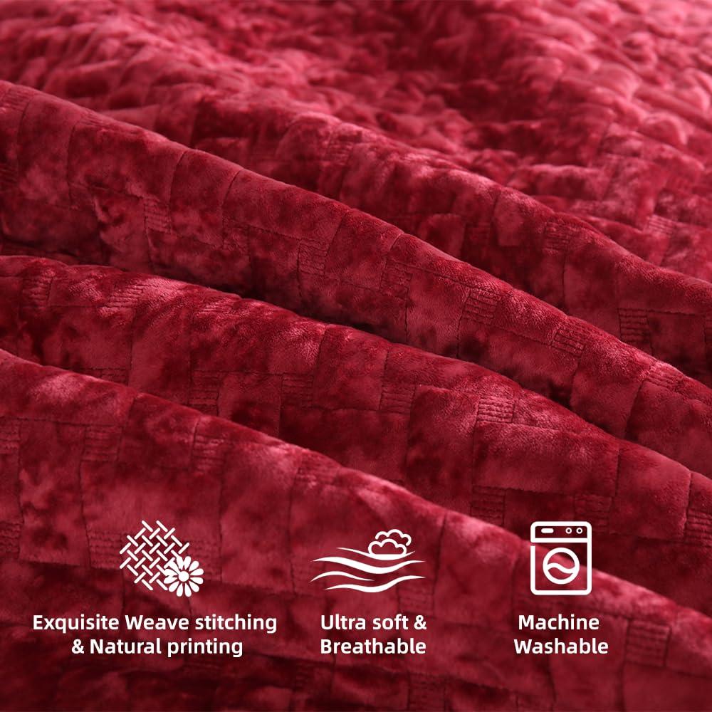 Liians Liians Velvet Bedspread Quilt Bedding Sets,Luxury Elegant Ultra Soft Velvet Comforters Coverlet Blankets,Weave Stitching Pattern Quilted Bedspread for All Seasons,Red,King Size