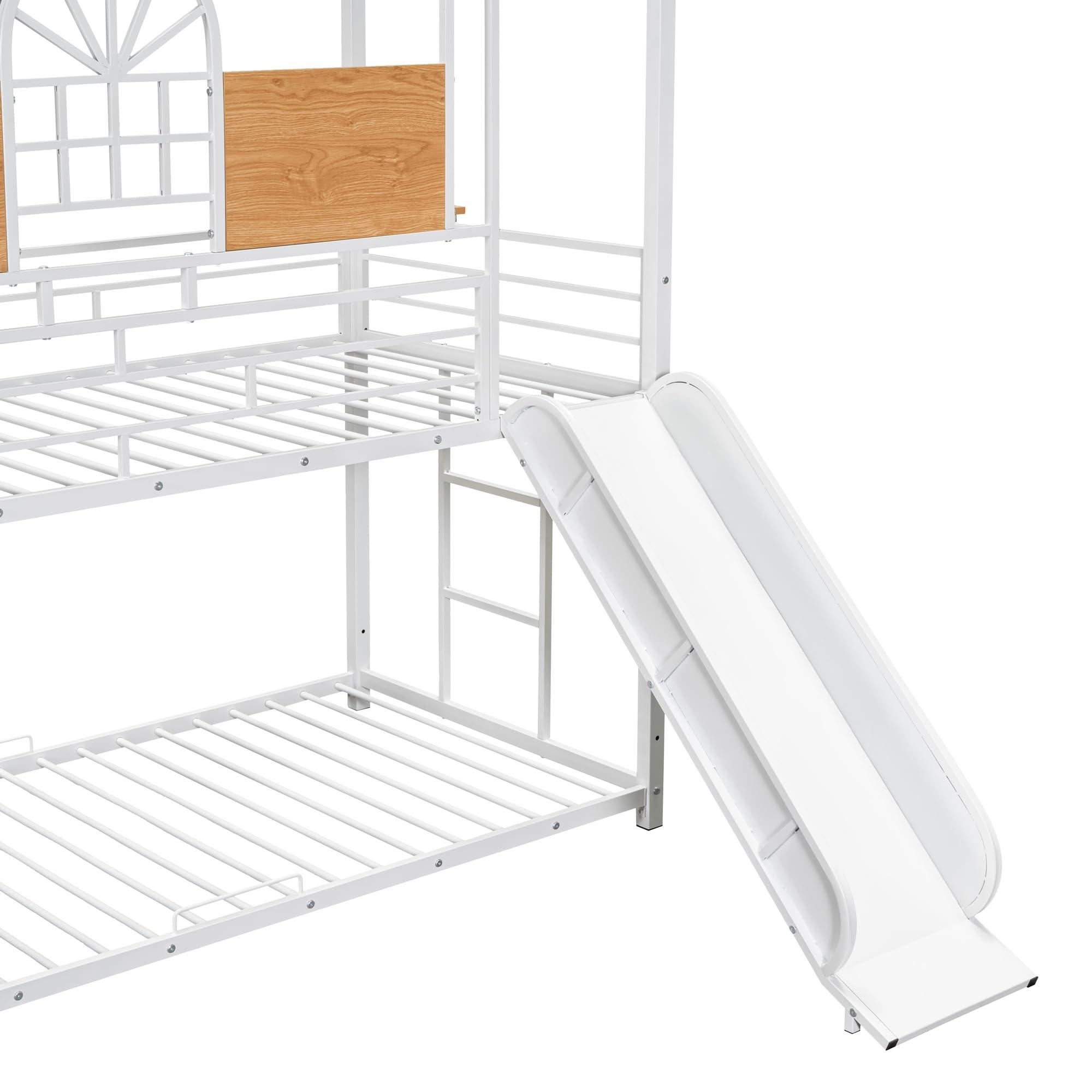 SOFTSEA SOFTSEA Metal Bunk Bed Twin Over Twin House bed with Slide and Storage Stair, for Kids Teens Bedroom, White with White Slide