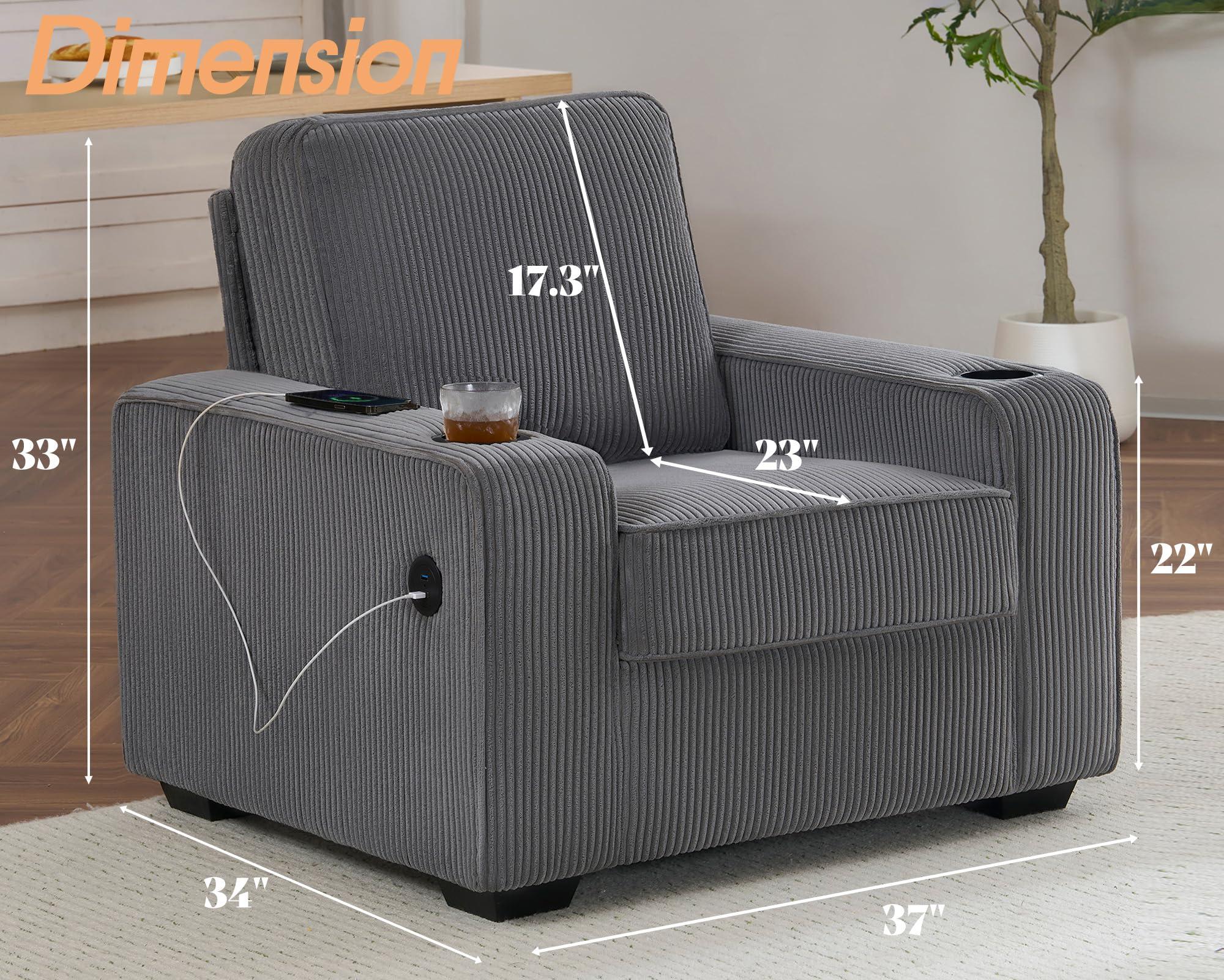 VanAcc VanAcc Sofa, Comfy Couch, Modern Couch with Cup Holders & USB Charging Ports, Sofa Chair for Living Room, Ash Grey Corduroy