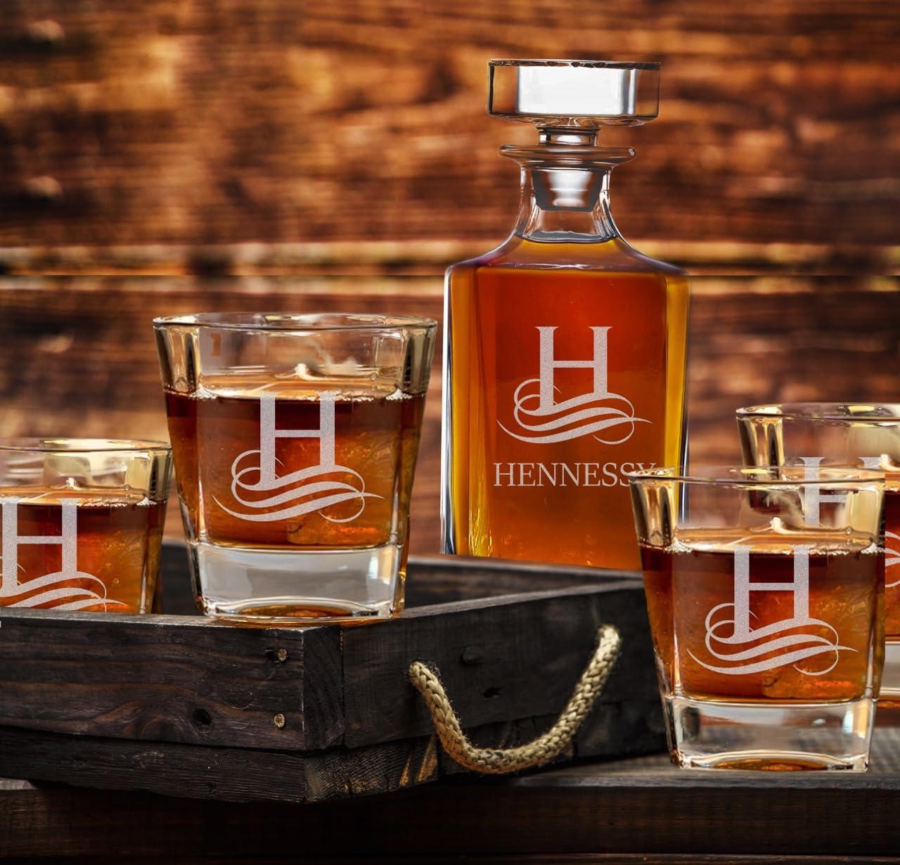 EZ CUSTOM GIFT Personalized Whiskey Decanter Set - Custom Liquor Decanter and 4 Glasses Gift Set - Engraved Whiskey Decanter Sets for Men, Anniversary Wedding Birthday Gifts for Father Husband (Design 7)