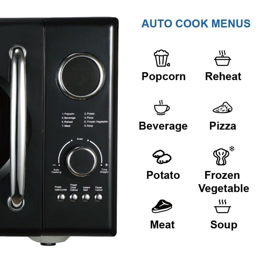 Emerson Emerson MWRG0901BK Retro Compact Countertop 800W Microwave Oven with 1,000W Grill Function, LED Display, 5 Power Levels, 8 Auto Menus, Glass Turntable and Child Safe Lock, 0.9 Cu. Ft., Black