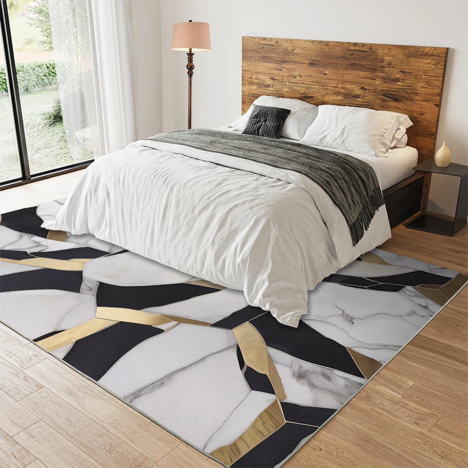 GIRTFU 7x10 Large Area Rugs Black and Gold Geometry Area Rugs for Living Room, Modern Marble Modern Rug with Double Sided Carpet Tape for Bedroom Men Room Decor