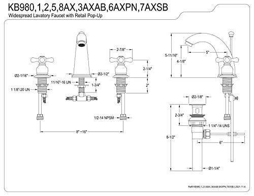 Kingston Brass Kingston Brass KB988AX Victorian Widespread Lavatory Faucet with Metal cross handle, Brushed Nickel