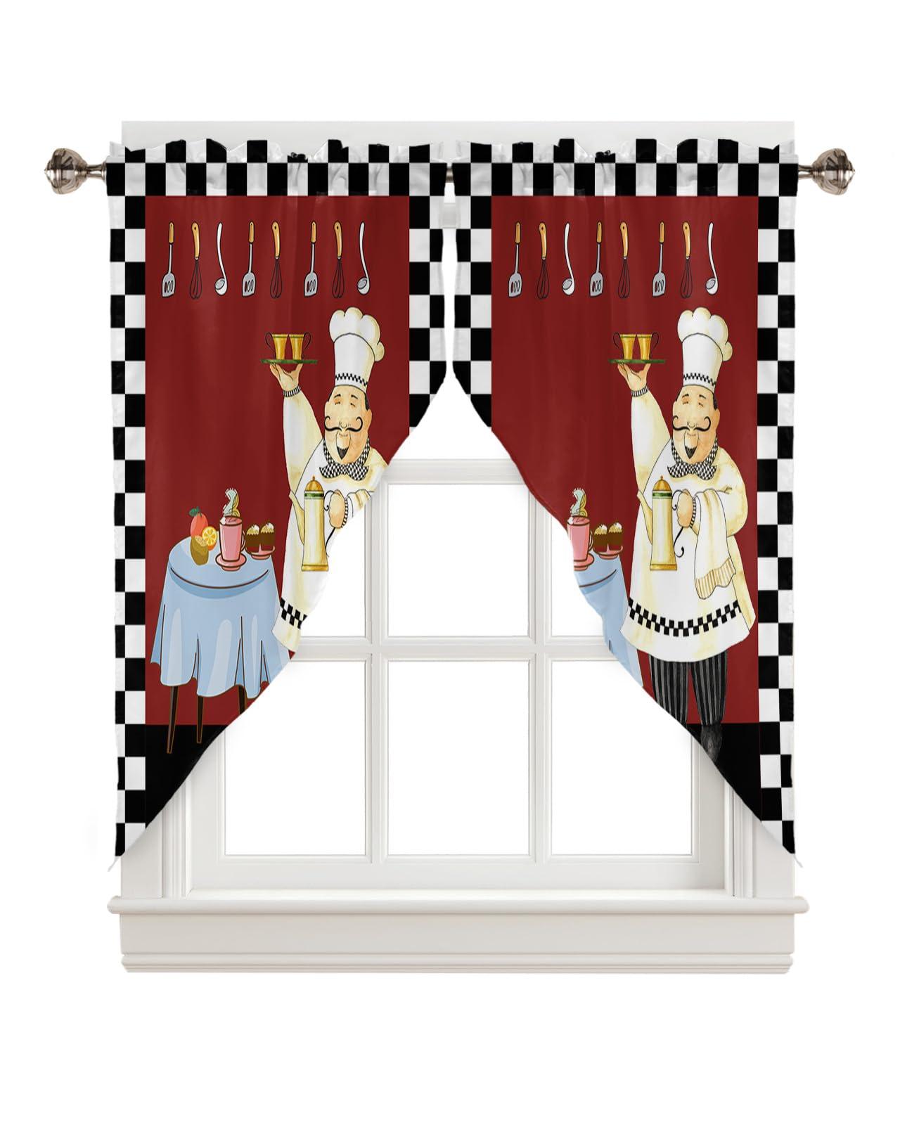LOVE HOME DAY Cartoon Chef Swag Curtain Valance 28\"x36\" for Farmhouse Kitchen, Kitchen Gourmet and Table 2 Panels Rod Pocket Small Window Swag Valance Pair for Living Room Bathroom Black White Plaid Burgundy Red