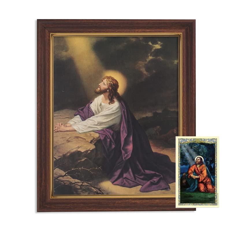 Elysian Gift Shop Gethsemane Jesus Christ in the Garden 8\"x10\" Framed Art Print Wall Plaque Frame is Carved in Wood with Oak Stain and Gold Leaf Finish Includes Prayer Card