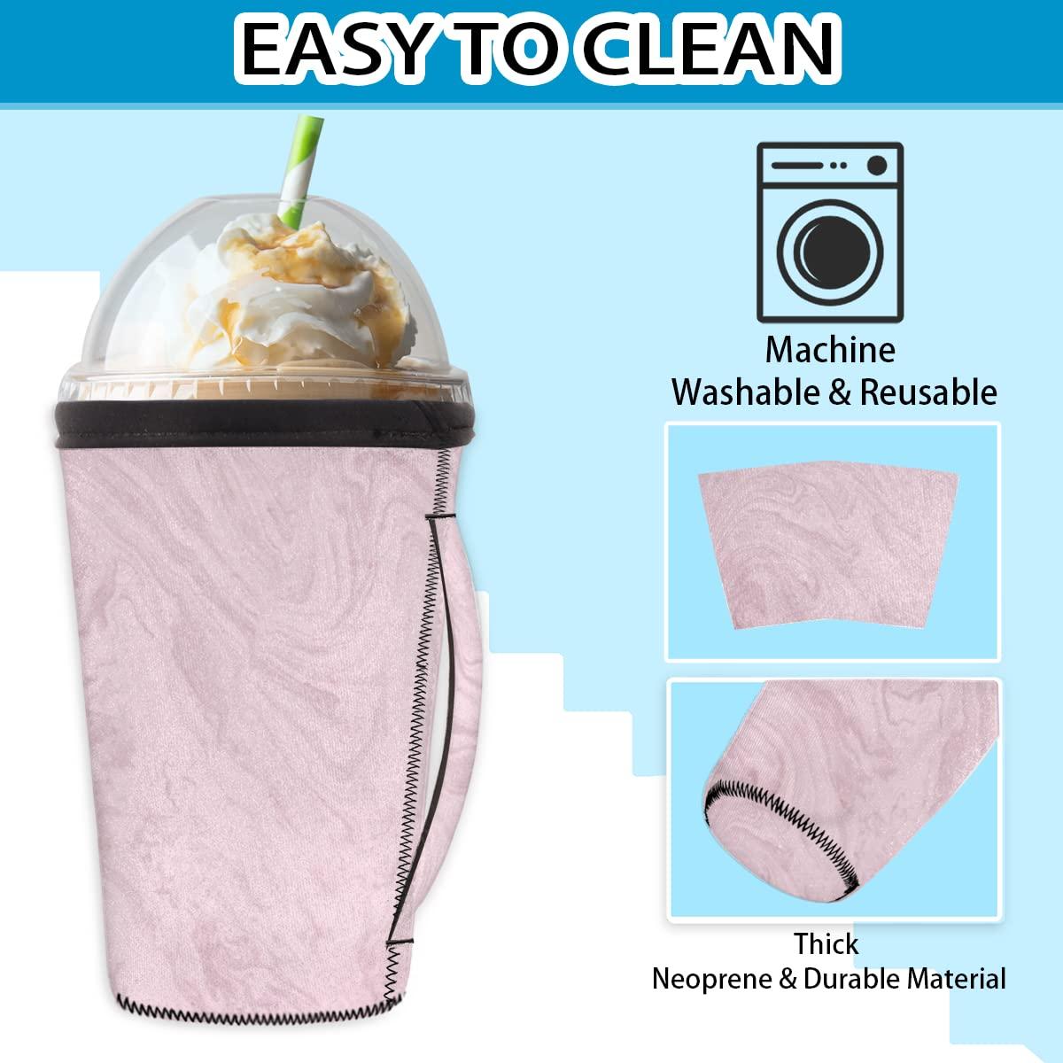 QsirBC Pink Marble Texture Iced Coffee Sleeve with Handle Reusable Neoprene Insulator Sleeve Holder for Cold Drinks Beverages Coffee Sleeves for Popular Brands Coffee Cup, Medium 24-28 oz