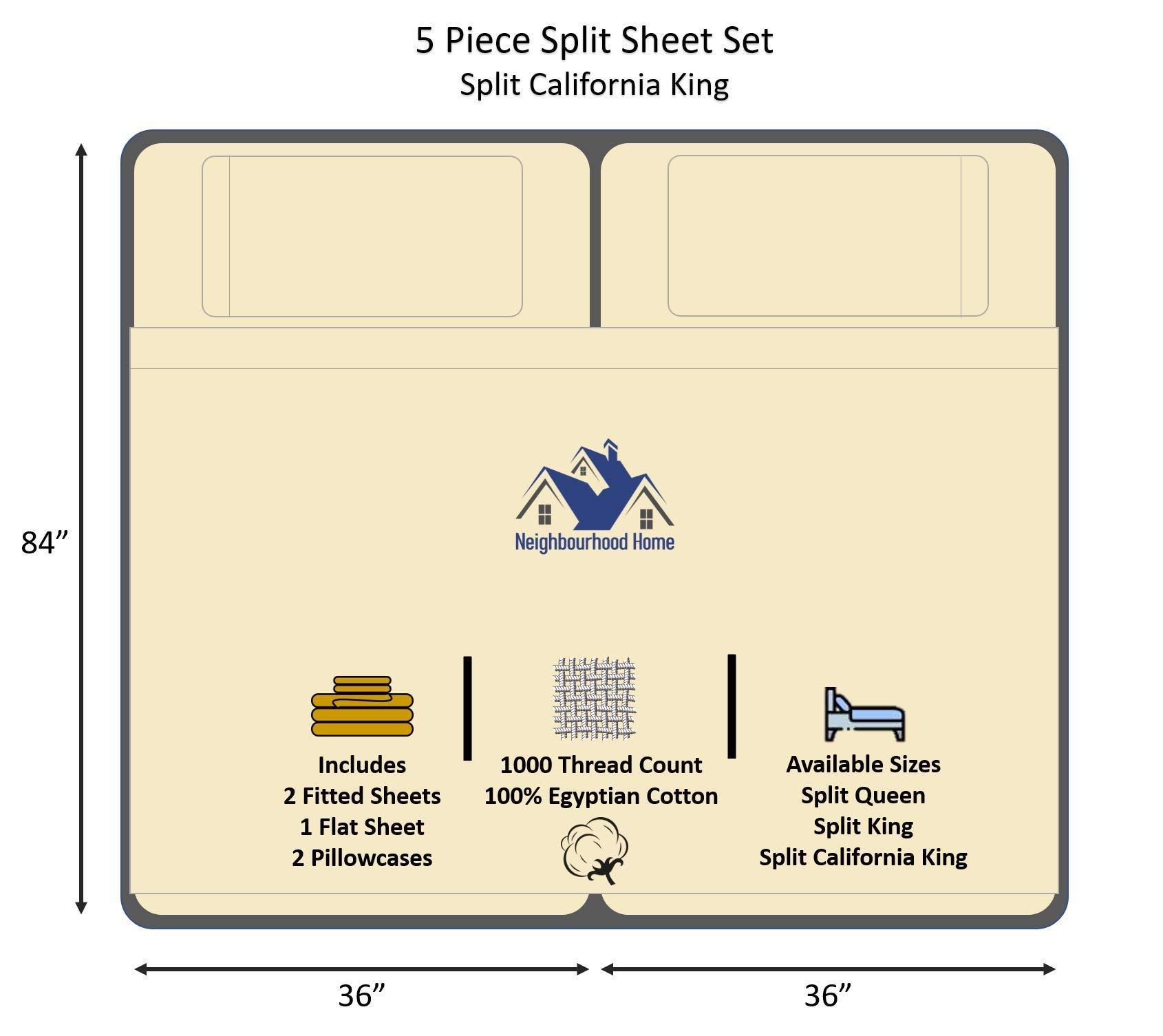 Neighbourhood Home Split California King Egyptian Cotton Sheets Sets for Adjustable Bed 22-Inches Extra Deep Pocket- 1000-Thread-Count, 100% Egyptian Cotton 5-PC Sheet Set Soft Breathable Sateen Weave - Ivory