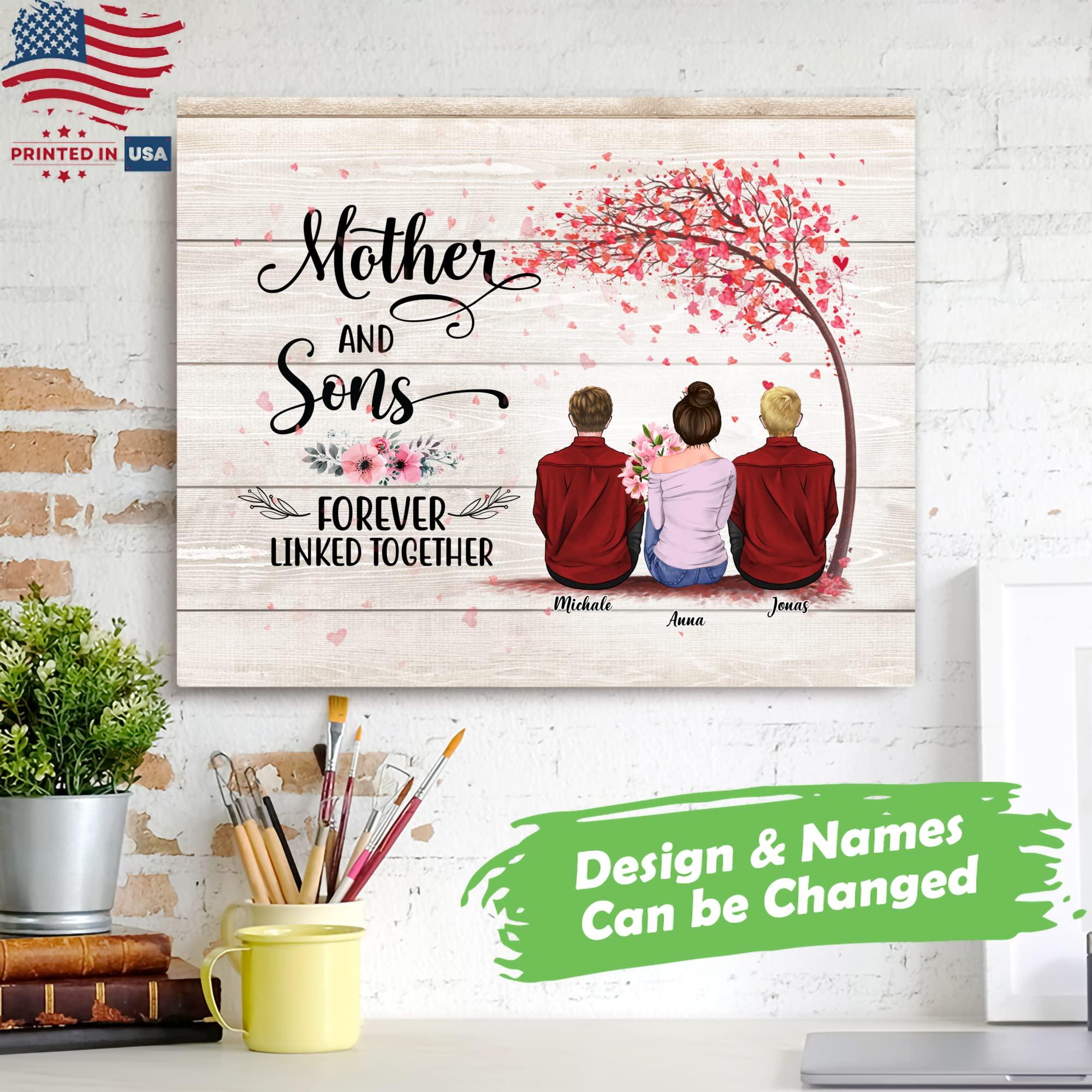 Gossby GOSSBY Personalized Custom Canvas (Mother and 2 Sons) Mother And Sons Forever Linked Together Personalized To My Mom Poster Custom Name Mother & Daughter Forever Linked Together Woman Day Gift To Step
