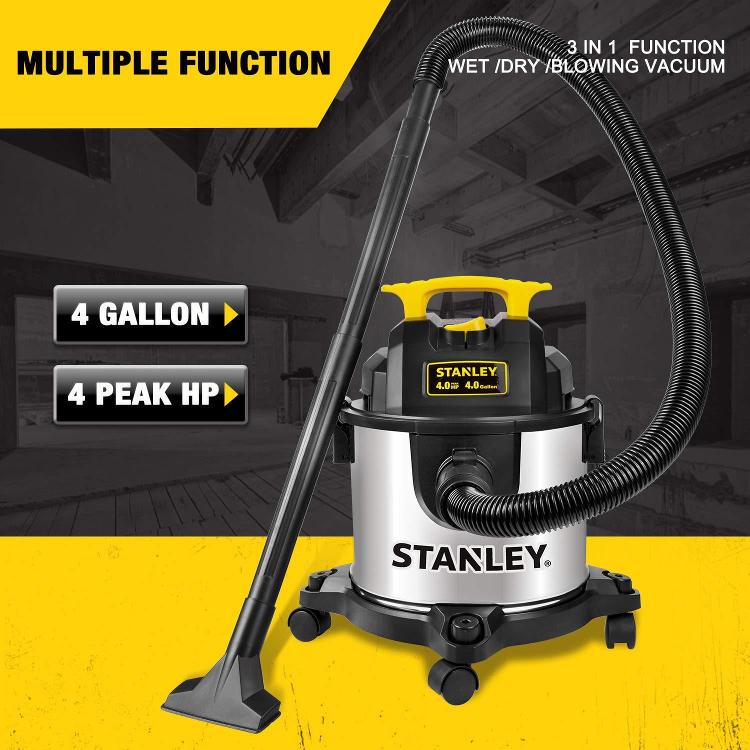 Stanley STANLEY 4 Gallon Wet Dry Vacuum, 4 Peak HP Stainless Steel 3 in 1 Shop Vacuum Blower with Powerful Suction, Vacuum for Job Site, Garage, Basement, Workshop, Top Handle, Portable Wet Dry Vac SL18301-4B