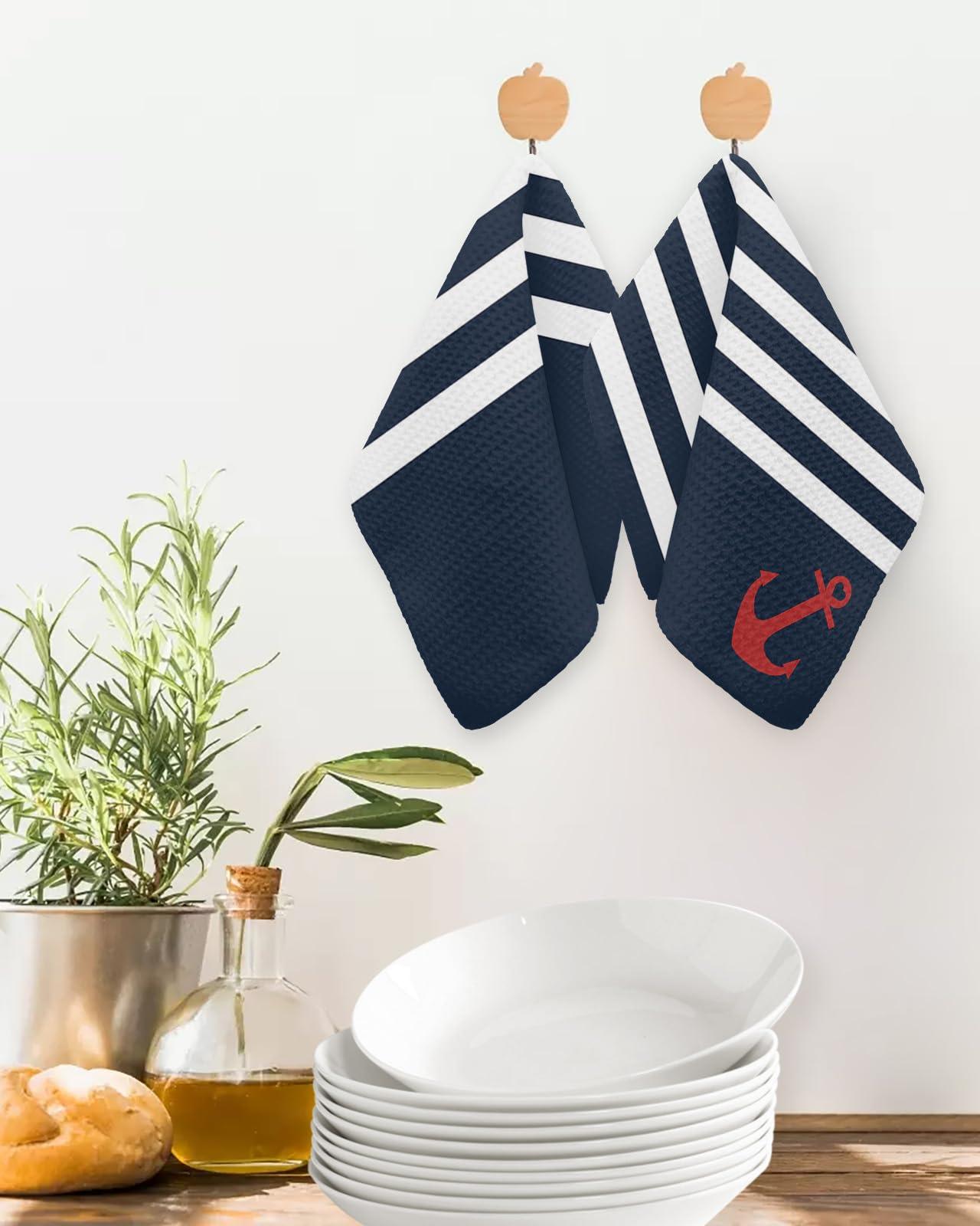 Falaniique Navy Waffle Kitchen Dish Towels Set of 2,Super Absorbent & Quick Dry Hair Hand Bath Tea Golf Microfiber Towel,Soft Gym Towel Cleaning Dish Washcloth,Summer Beach Blue Stripes Nautical Anchor 12\"x12\"