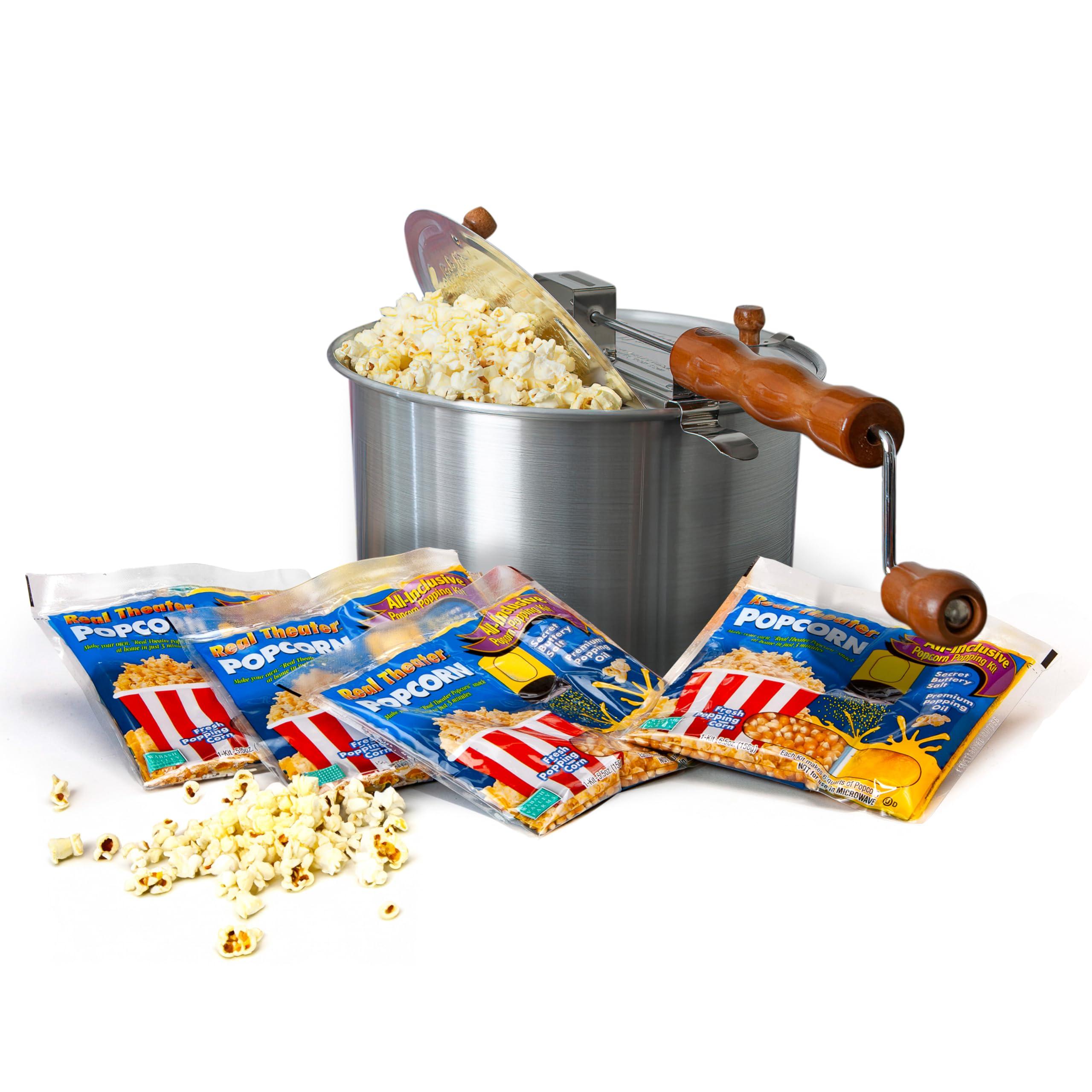 Wabash Valley Farms Original Whirley Pop Popcorn Maker - 6 Quart Stovetop Popcorn Popper With Four Popping Kits, Aluminum Popcorn Pot With Metal Gears, Wabash Valley Farms Stove Top Popcorn Maker, Popcorn Pan (Silver)