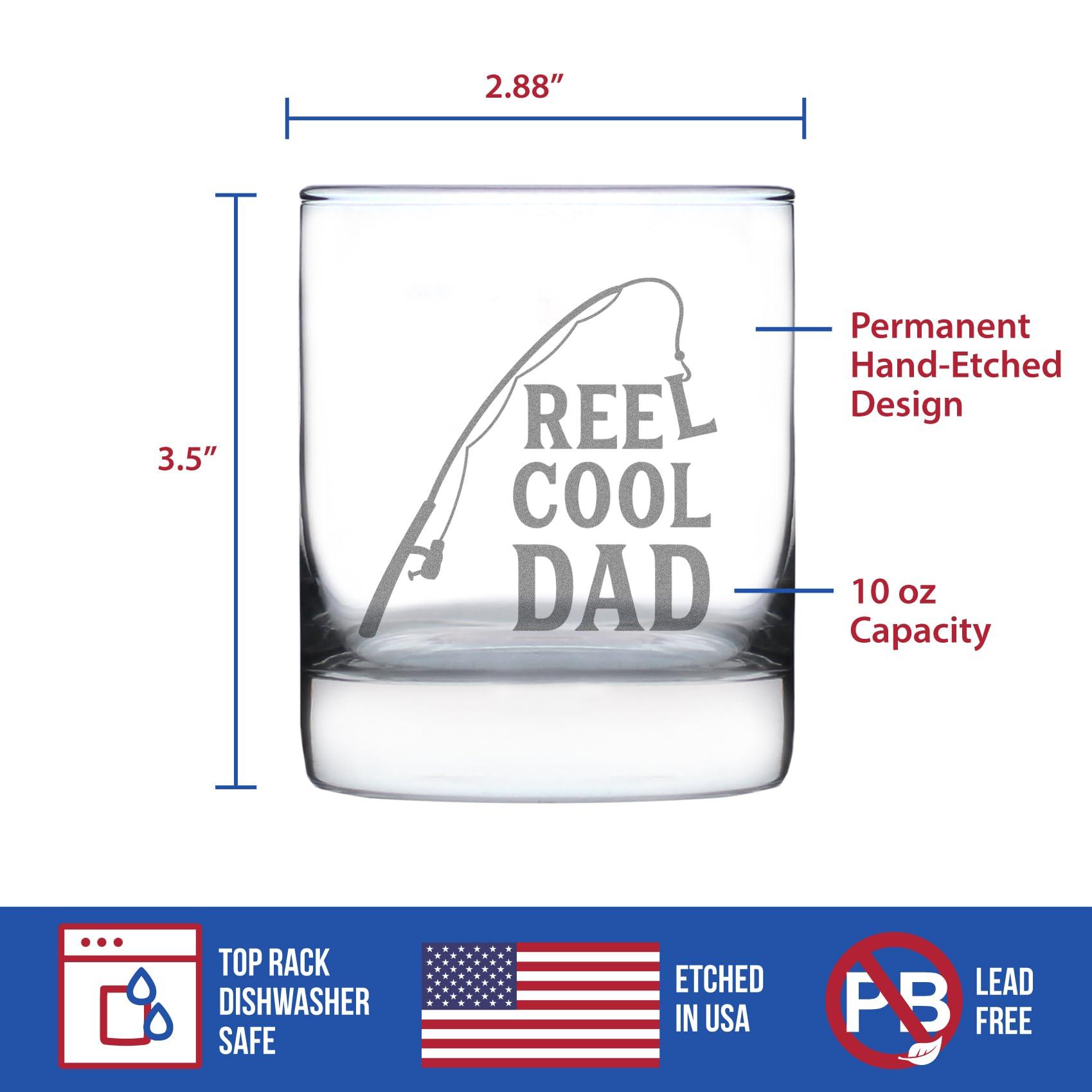 Bevvee Reel Cool Dad - Funny Whiskey Rocks Glass - Fishing Gifts for Fathers - Engraved 10.25 oz Glasses - Fun Fish Cups