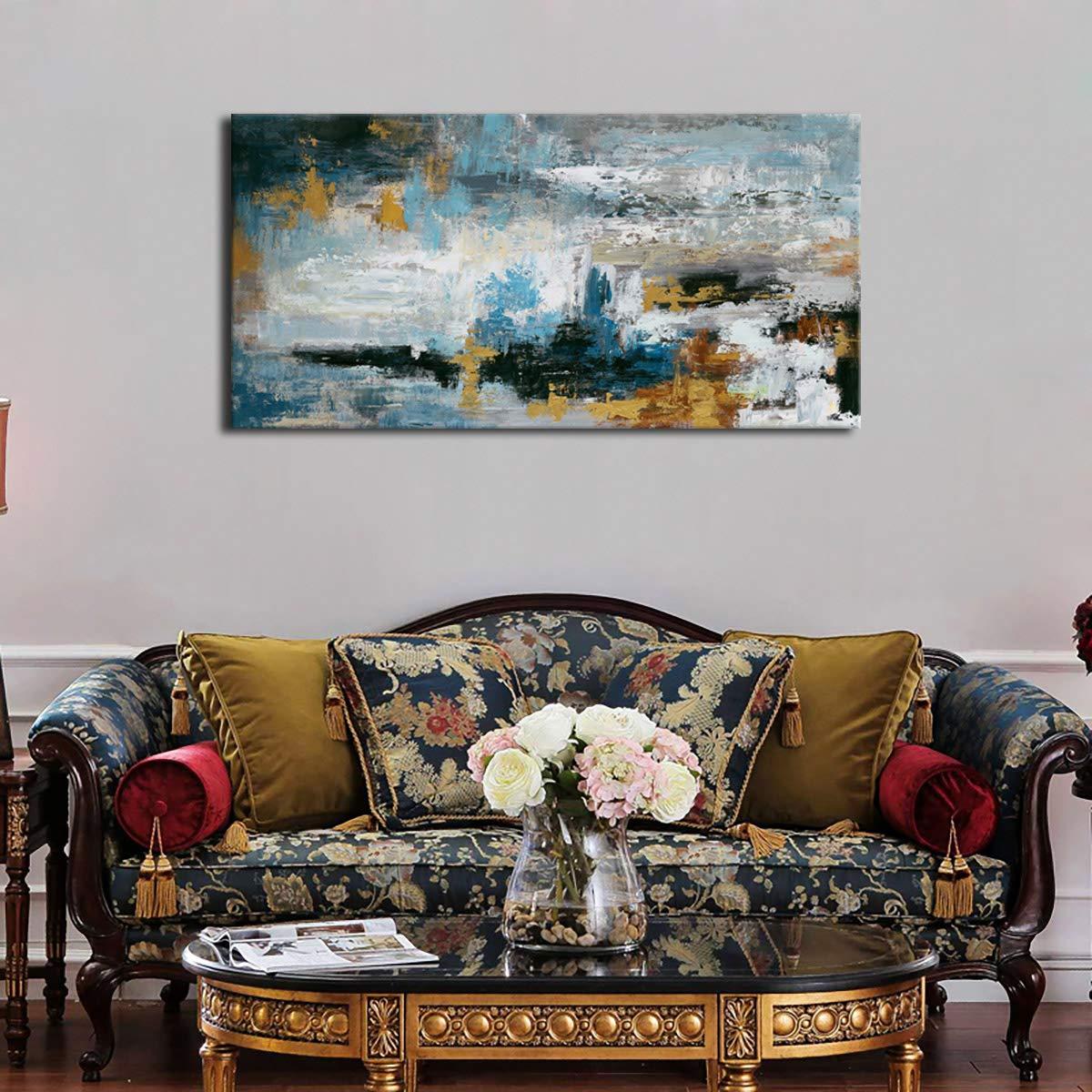 yearainn Abstract Wall Art Large Canvas Picture Modern Blue Grey Brown Artwork on Canvas Prints Wall Decoration for Living Room Bedroom Bathroom Kitchen Office Home Wall Decor Framed Ready to Hang 24" x 48"