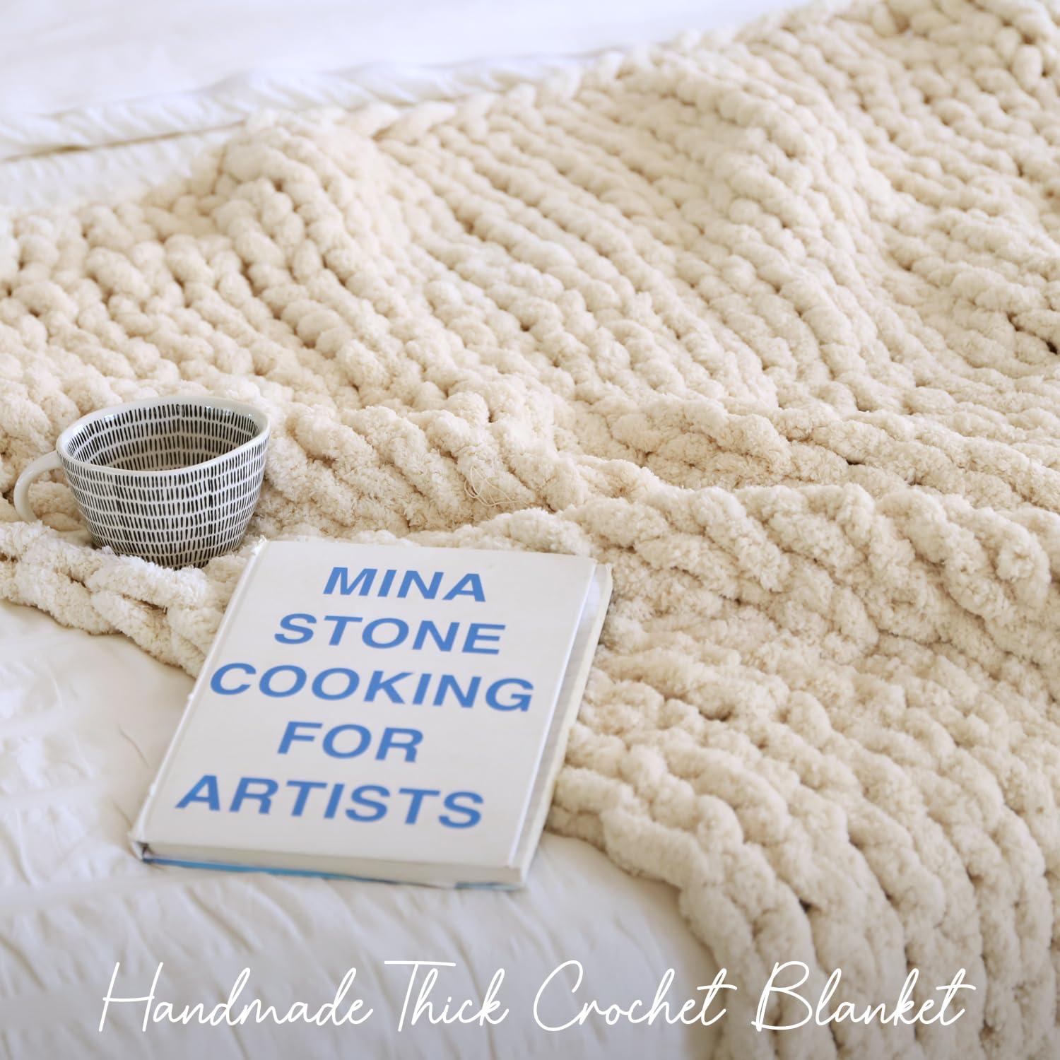 MOSDECEN Beige Chunky Knit Throw Blanket, Soft Cream Knit Throw Blanket for Couch Ivory Hand Knitted Throw Blanket Thick Boho Chunky Throws for Bed Sofa Cable Knit Blankets Crochet Chenille Blankets 50x60\'\'