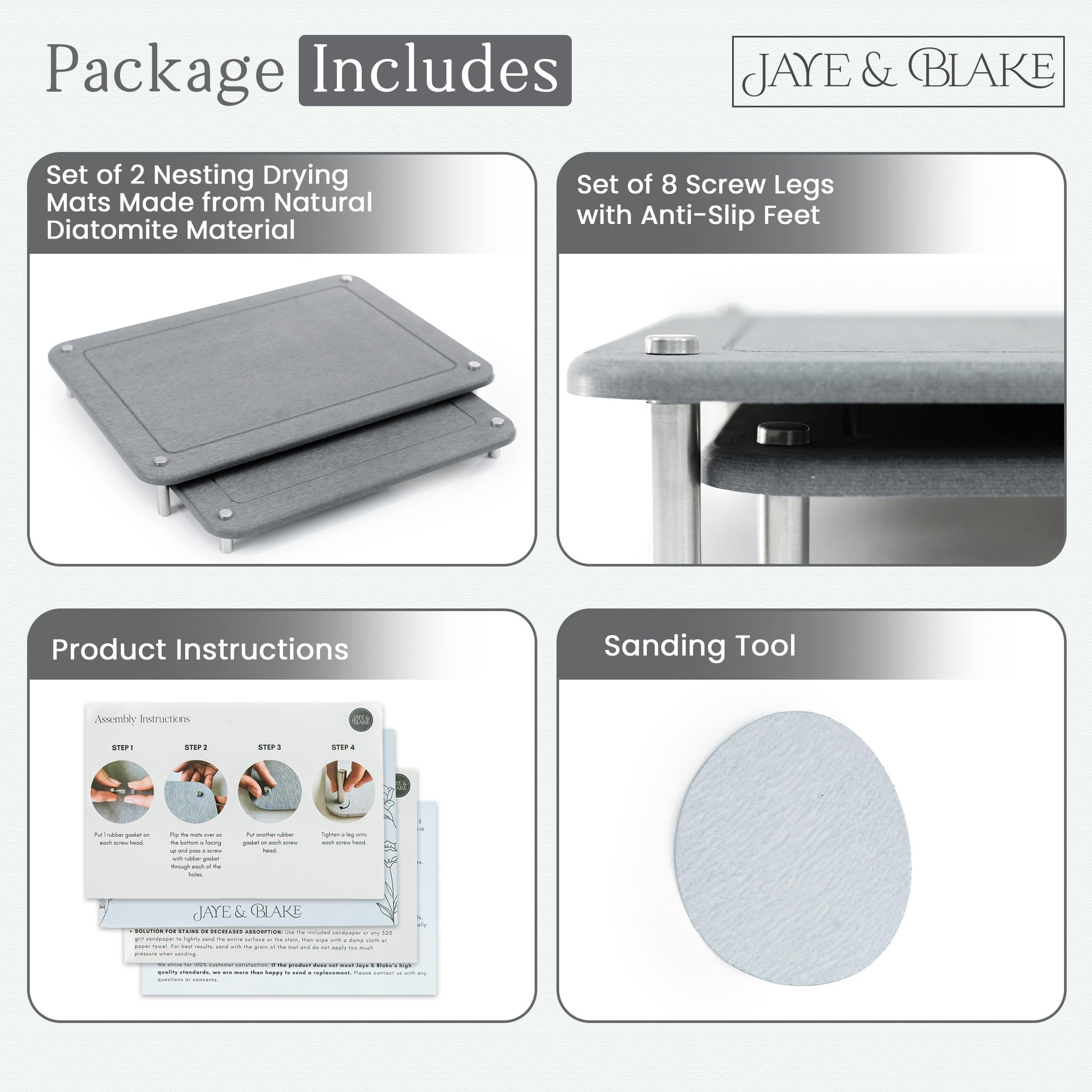 JAYE & BLAKE 2 PCs Nesting Stone Dish Drying Mats for Kitchen Counter - Absorbent Quick Drying Diatomaceous Earth Stone Drying Mat with Non-Slip Feet - Heat Resistant & Odorless Dish Drying Stone Mat - Gray Solid