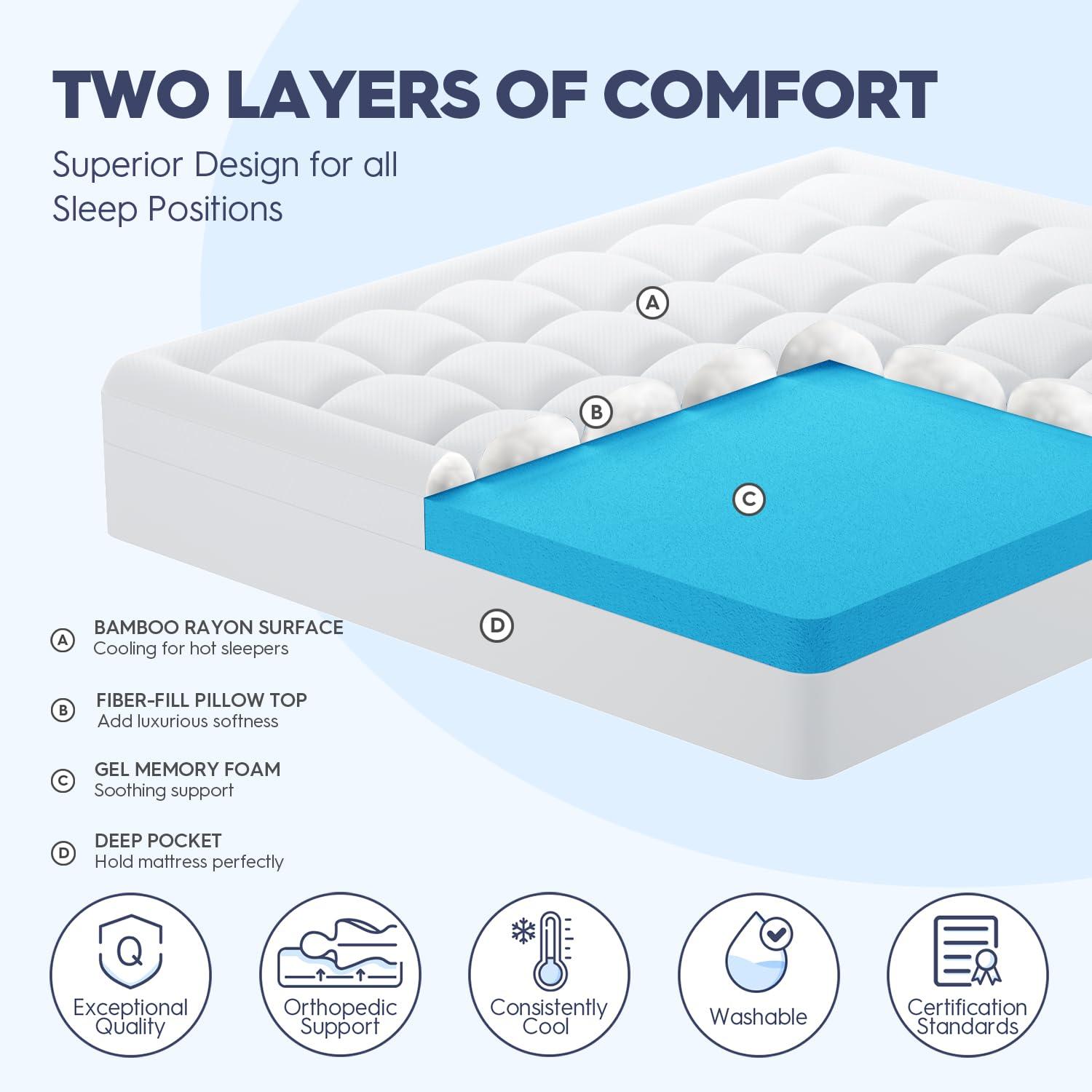 ELEMUSE ELEMUSE Dual Layer 3 Inch Memory Foam Mattress Topper King, 2 Inch Cooling Gel Memory Foam Plus 1 Inch Down Alternative Pillowtop Mattress Pad, Viscose Made from Bamboo Cover, Soft Comfort Support