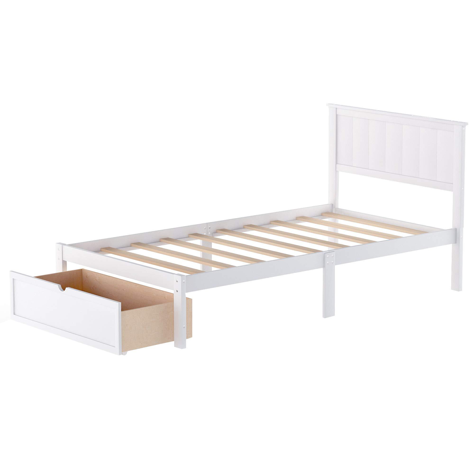 P PURLOVE P PURLOVE Twin Size Bed Frame with Storage Drawer,Wood Platform Bed Frame with Headboard and Slat for Kids,White