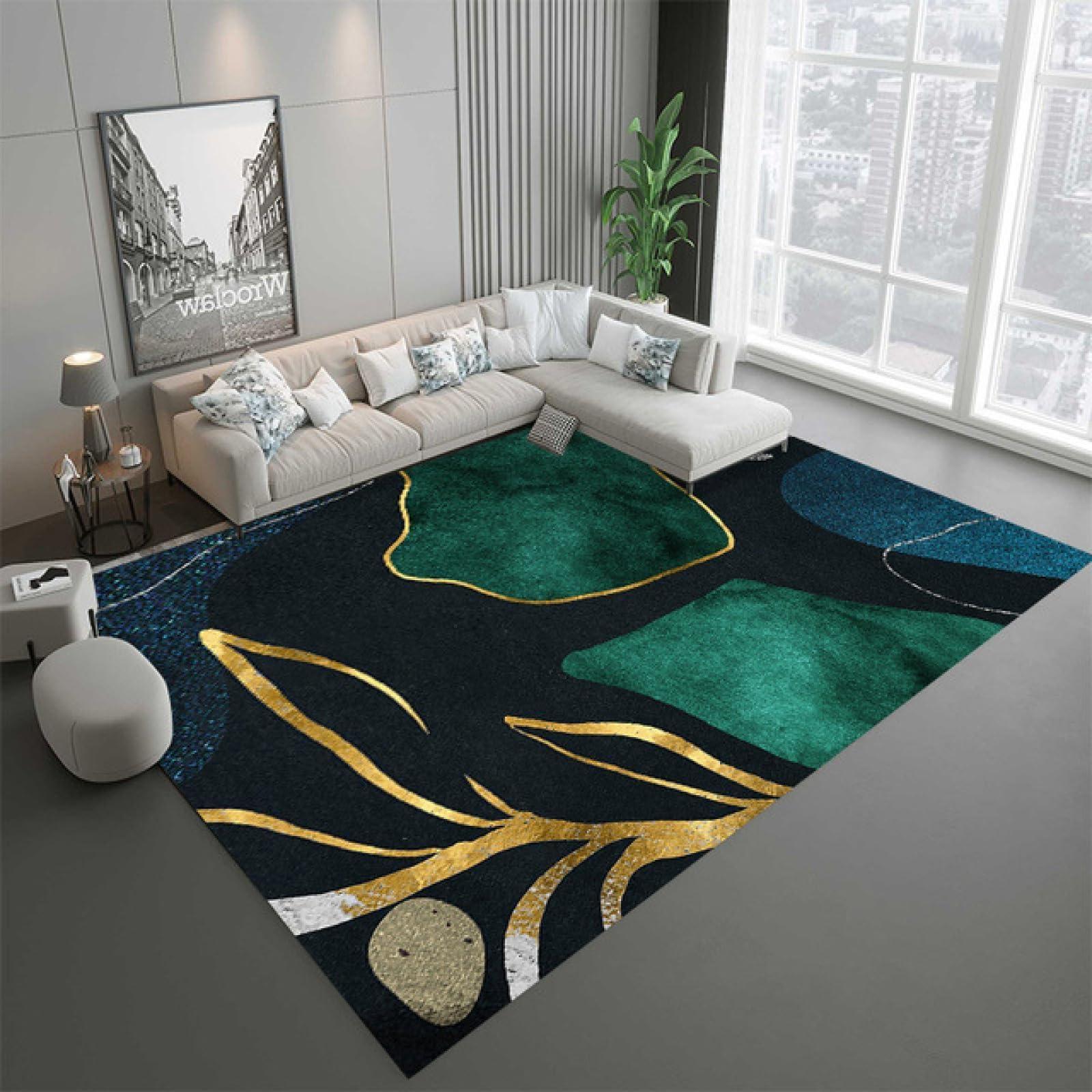BISINA Emerald Green Gold Modern Geometric Area Rug for Living Room Bedroom Washable Soft Thick Retro Dining Room Carpet No-Slip Home Office Rugs