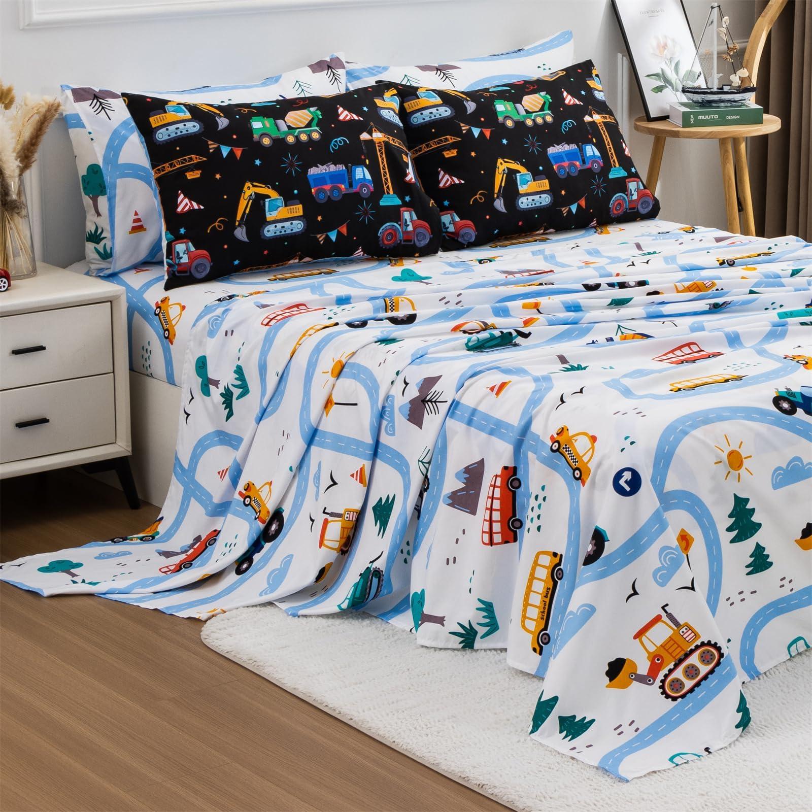 Holawakaka Holawakaka Trucks Tractors Cars Boy Bedding Comforter Set with Sheets, Full Size Cartoon Construction Car Excavator Print Kids Bed in A Bag 5-Piece, Boys Reversible Dorm Bed Sets (Black Full)
