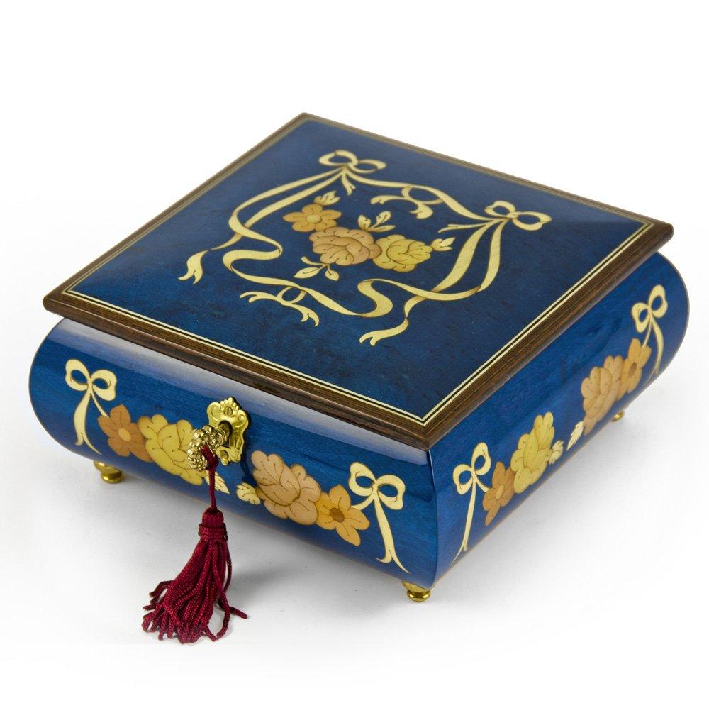 MusicBoxAttic MusicBoxAttic Handcrafted Radiant Blue Roses and Ribbons with Lock and Key - Annies Song