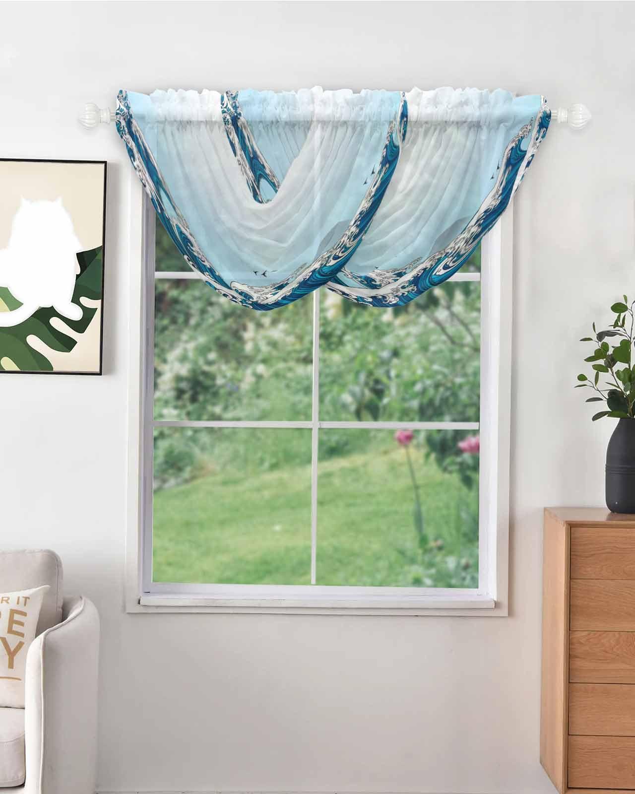 Hokiten Hokiten Blue Ombre Coastal Sheer Waterfall Valance Curtains for Window, Modern Blue Sea Wave Abstract Art Rod Pocket Sheer Topper Swag Curtains for Living Room, Kitchen 38.5" W x 47.2" L, 1 Panel