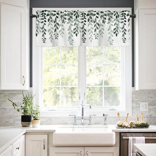 Onekaccu Onekaccu Kitchen Curtains Valances for Windows, Sage Green Leaves Valance Curtains Rod Pocket Short Curtains for Living Room Bedroom Small Window Treatment Seaonal Botanical Silhouette 60\"x18\"