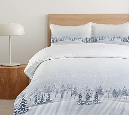 Ambesonne Ambesonne Winter Duvet Cover Set, Winter Scene in a Park with Trees Foggy Misty Blurry Ice Cold Freezing Weather Image, Decorative 3 Piece Bedding Set with 2 Pillow Shams, King Size, White