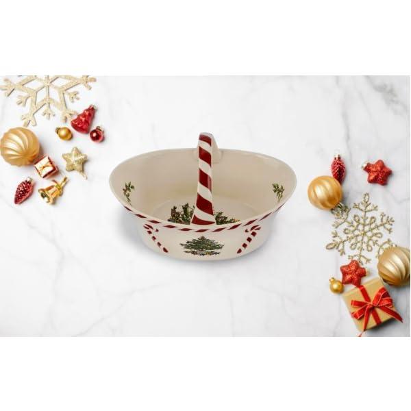 Spode Spode Christmas Tree Candy Basket, 6.5-Inch Candy Bowl with Peppermint Handle for Holiday Snacks, Earthenware Christmas Gift, Festive Holiday Serveware & Holiday Display Bowl, Seasonal Dcor